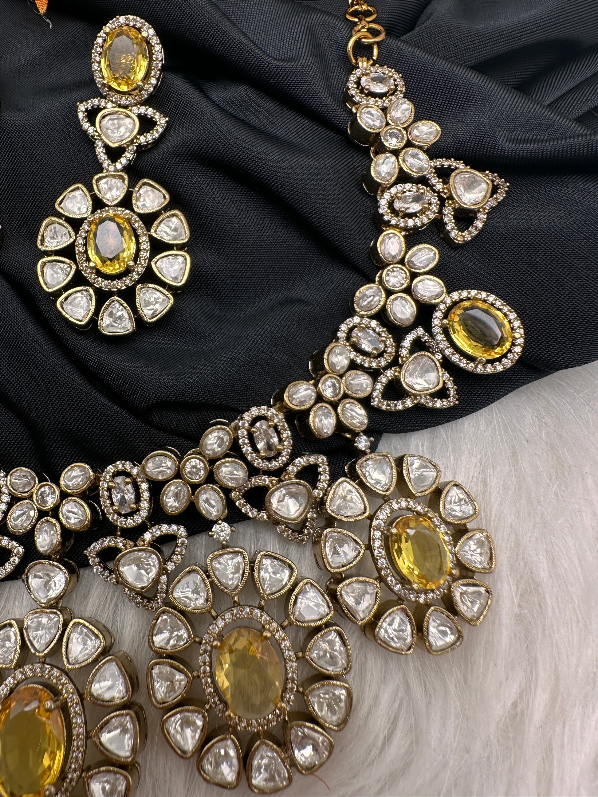 Moissanite Doublet Victorian Color Stone CZ Neckline Necklace - Yellow