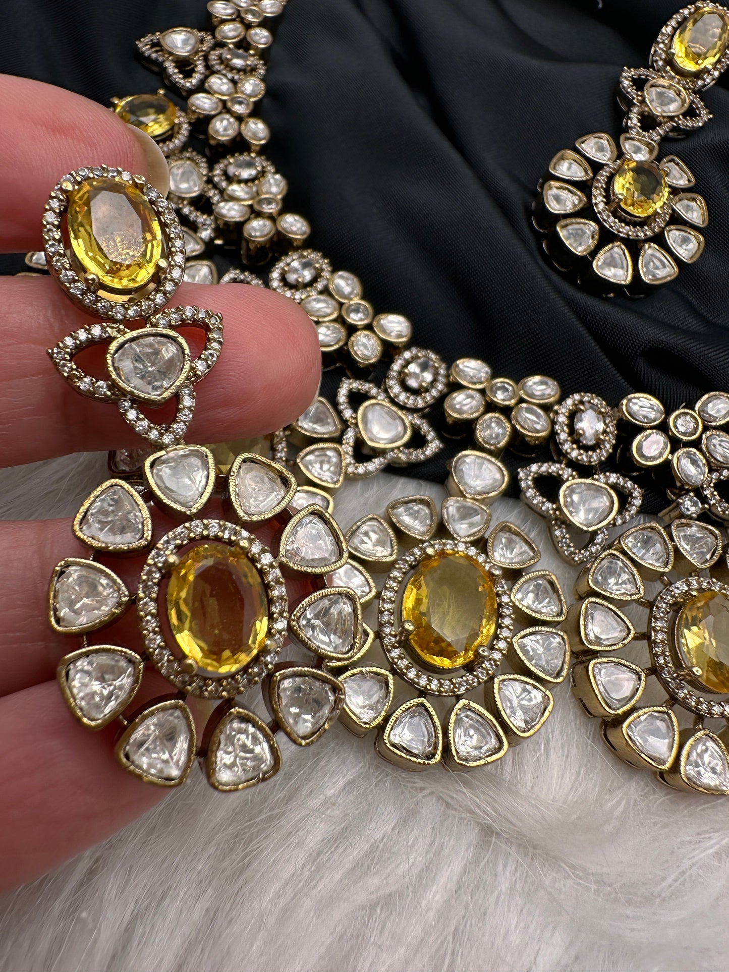 Moissanite Doublet Victorian Color Stone CZ Neckline Necklace - Yellow