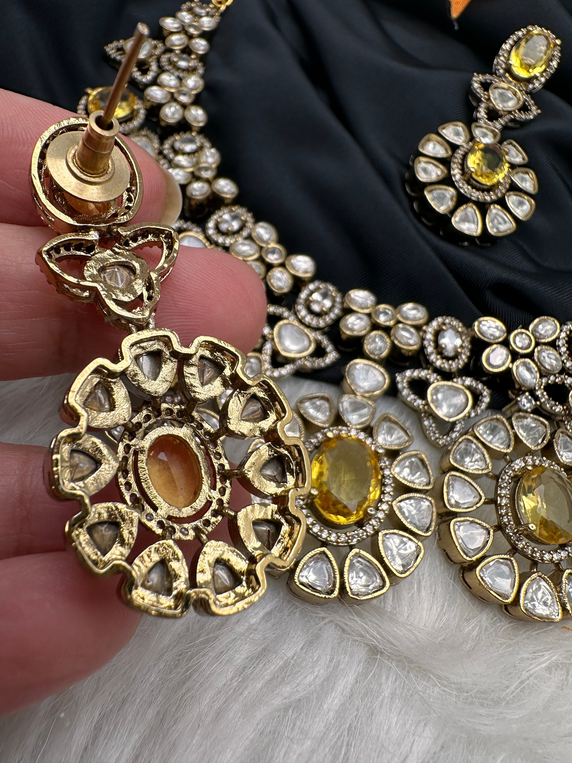 Moissanite Doublet Victorian Color Stone CZ Neckline Necklace - Yellow