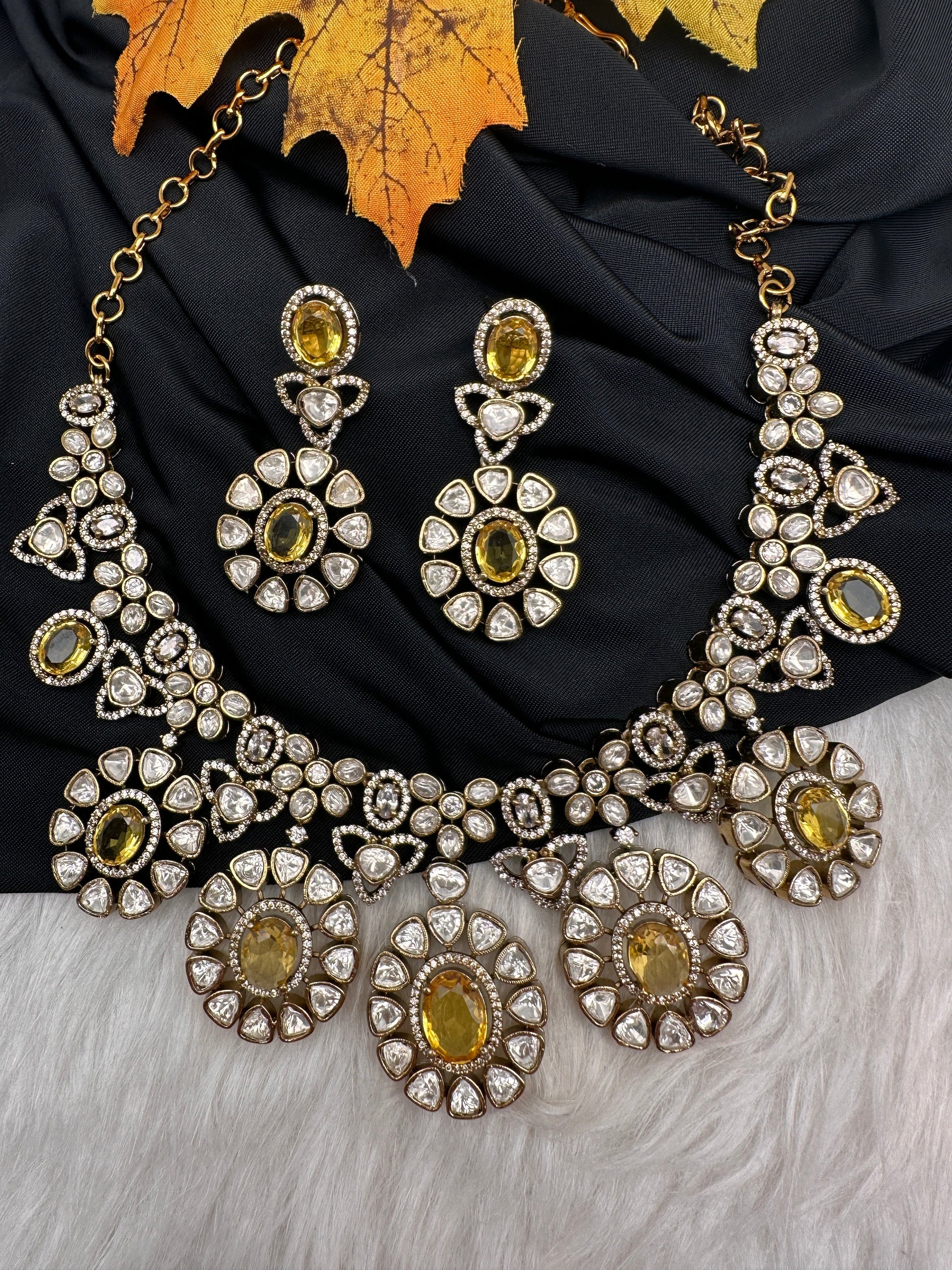 Moissanite Doublet Victorian Color Stone CZ Neckline Necklace - Yellow