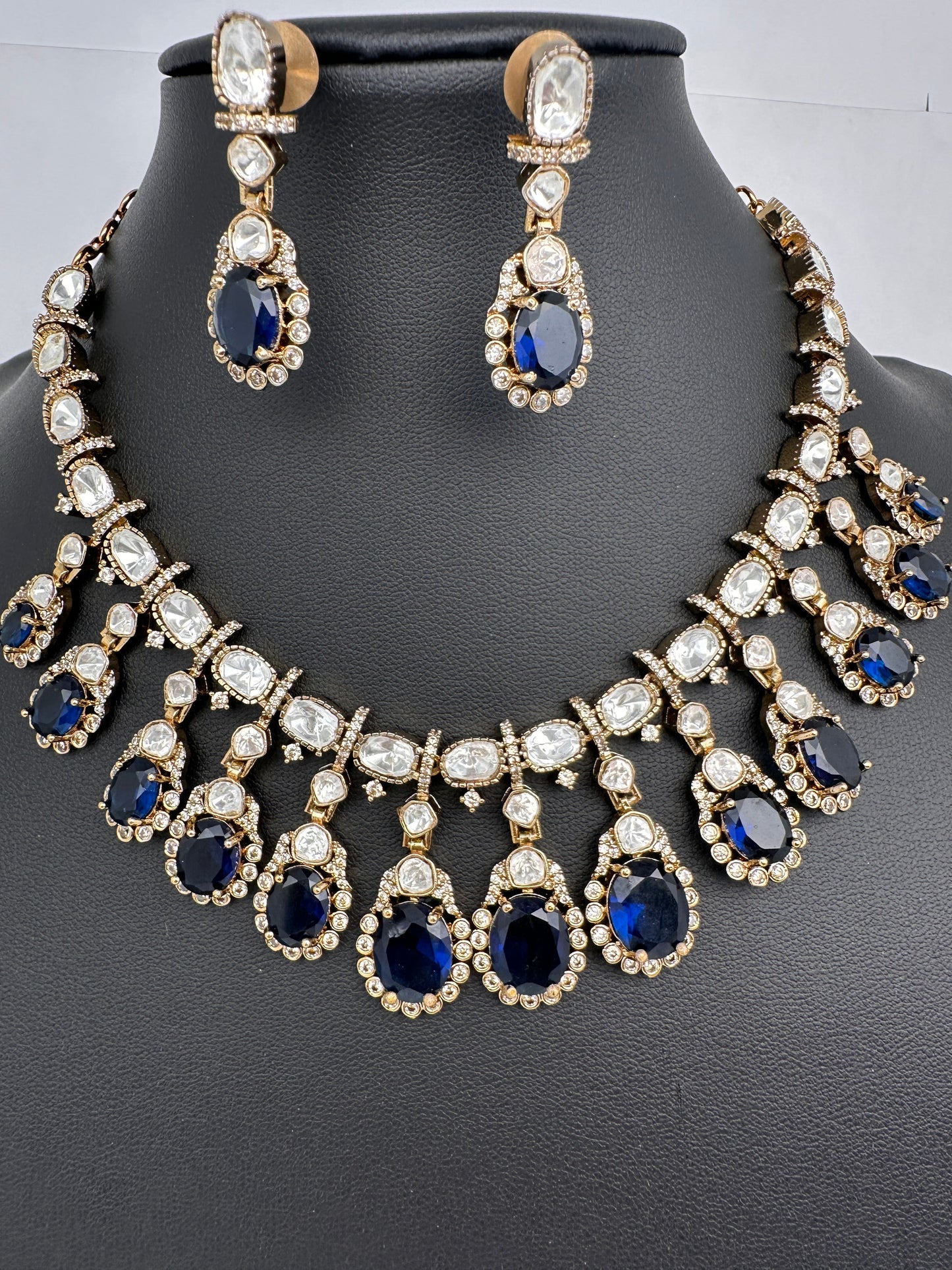 Moissanite Doublet Victorian Color Stone CZ Neckline Necklace - Blue