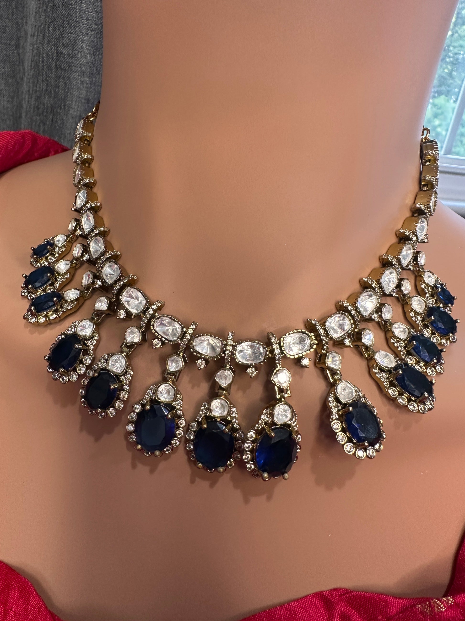 Moissanite Doublet Victorian Color Stone CZ Neckline Necklace - Blue