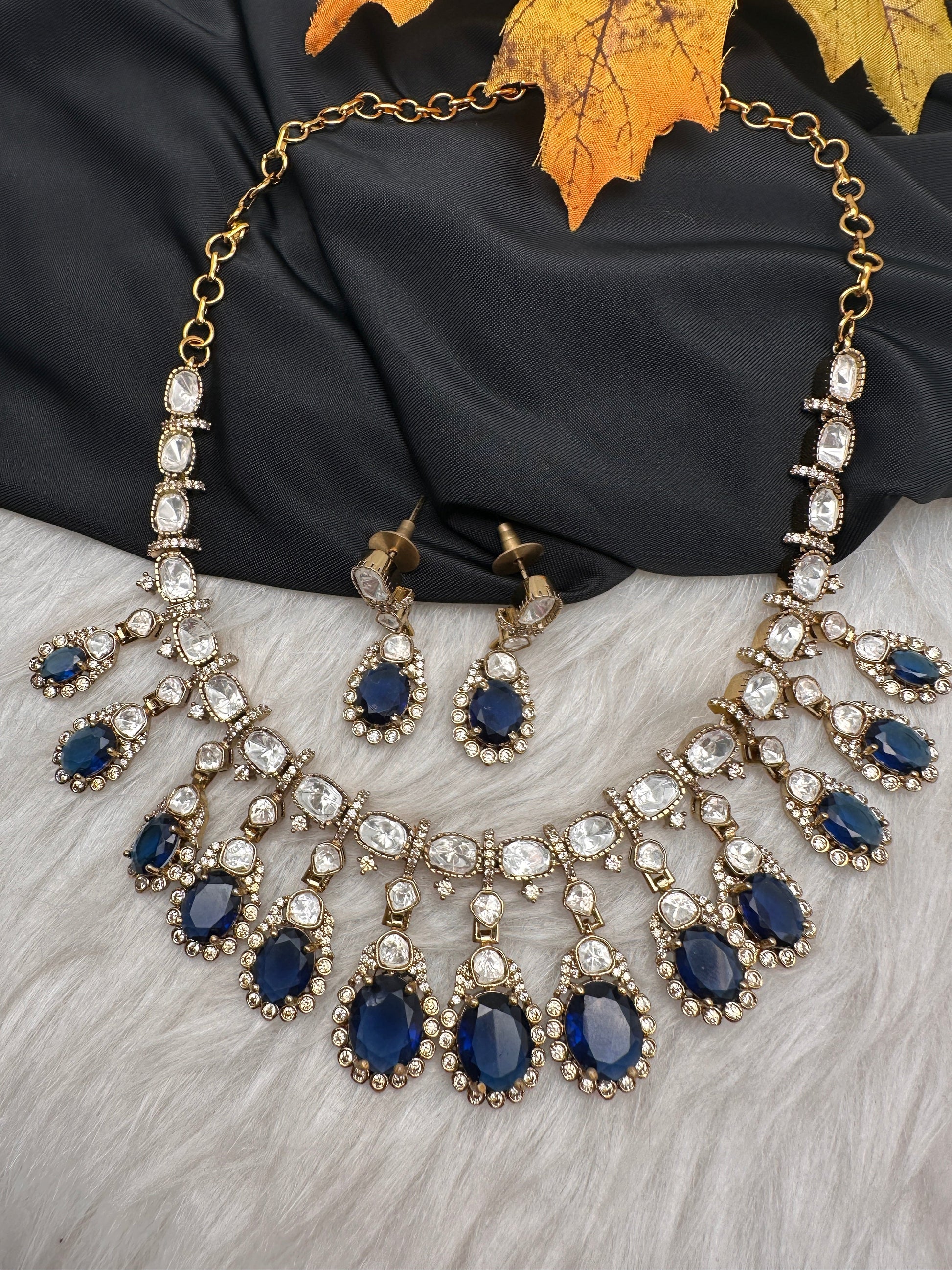 Moissanite Doublet Victorian Color Stone CZ Neckline Necklace - Blue