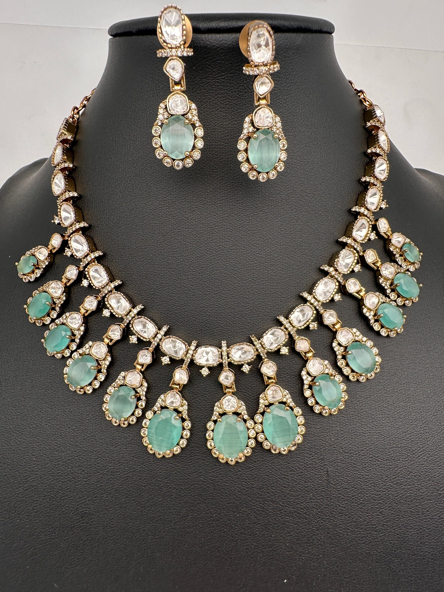 Moissanite Doublet Victorian Color Stone CZ Neckline Necklace - MintGreen