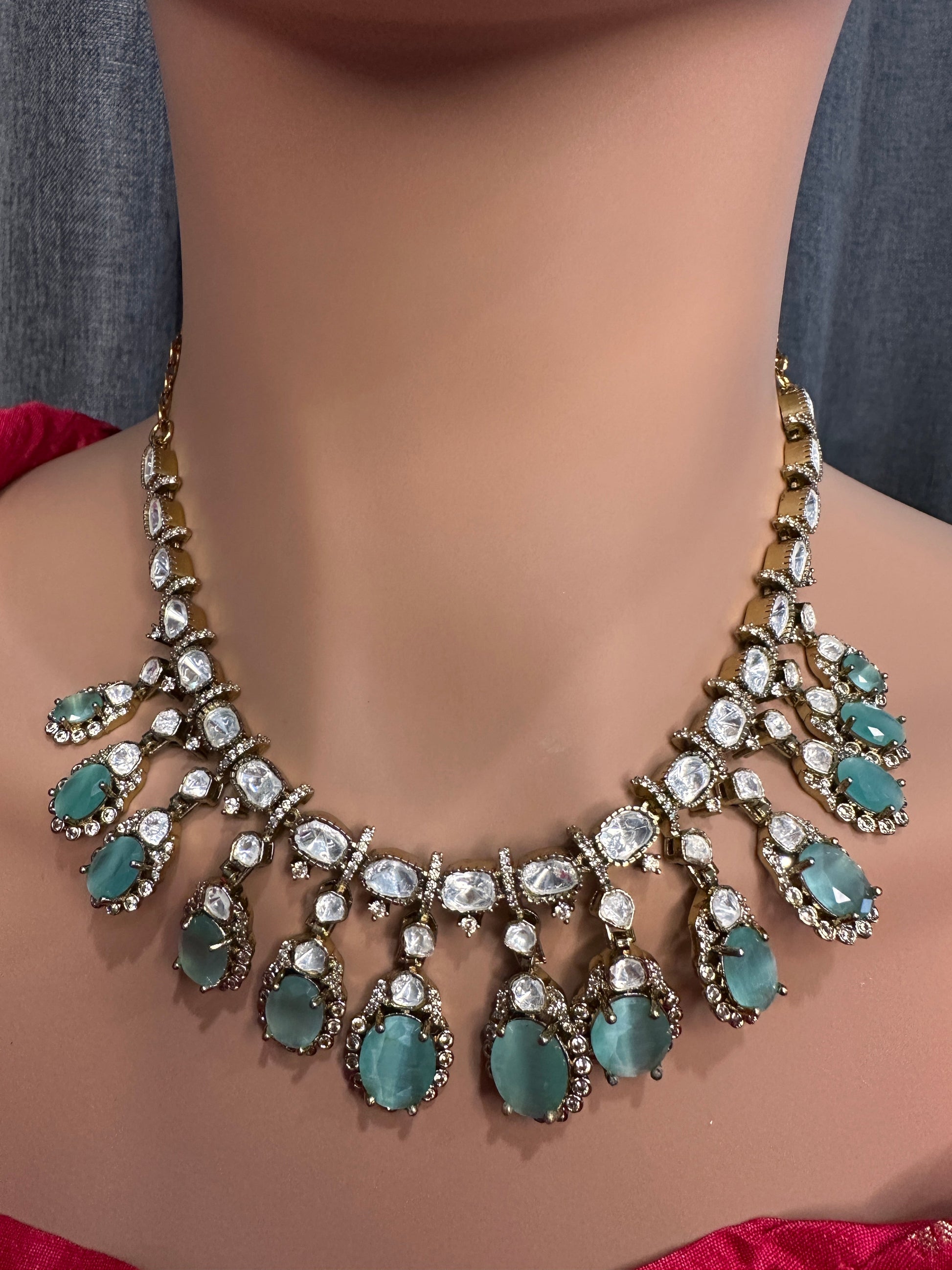 Moissanite Doublet Victorian Color Stone CZ Neckline Necklace - MintGreen