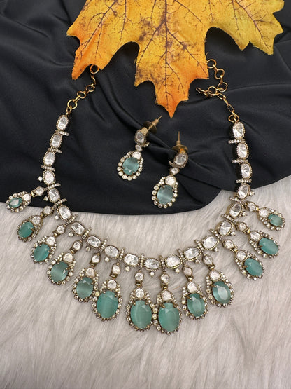 Moissanite Doublet Victorian Color Stone CZ Neckline Necklace - MintGreen