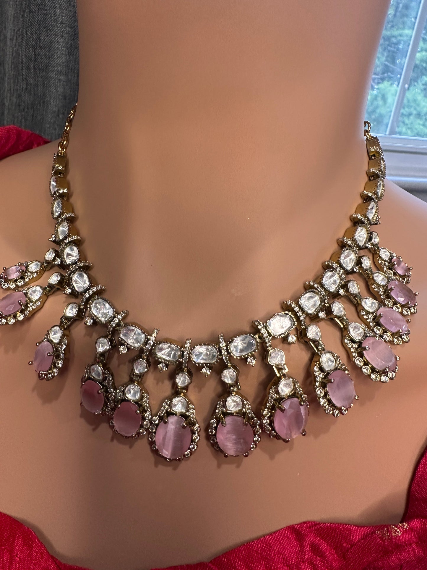 Moissanite Doublet Victorian Color Stone CZ Neckline Necklace - Pink