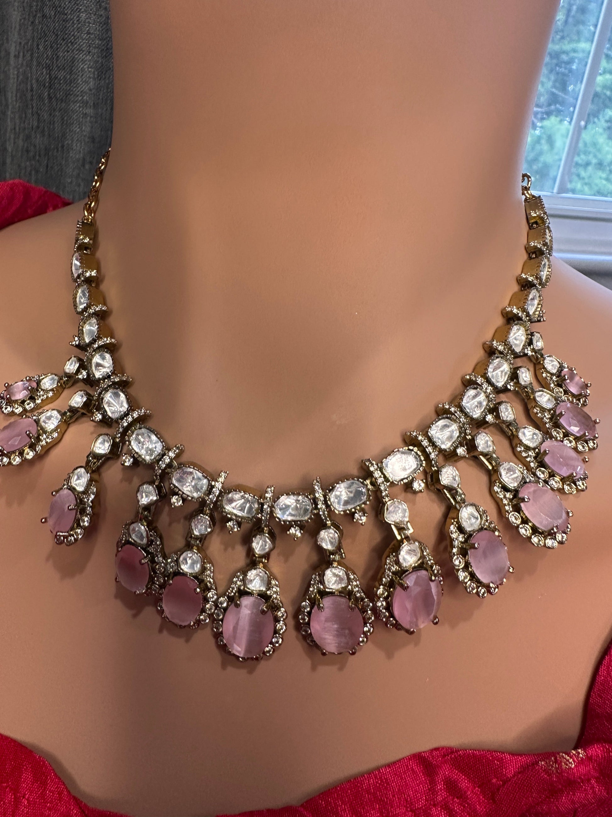 Moissanite Doublet Victorian Color Stone CZ Neckline Necklace - Pink