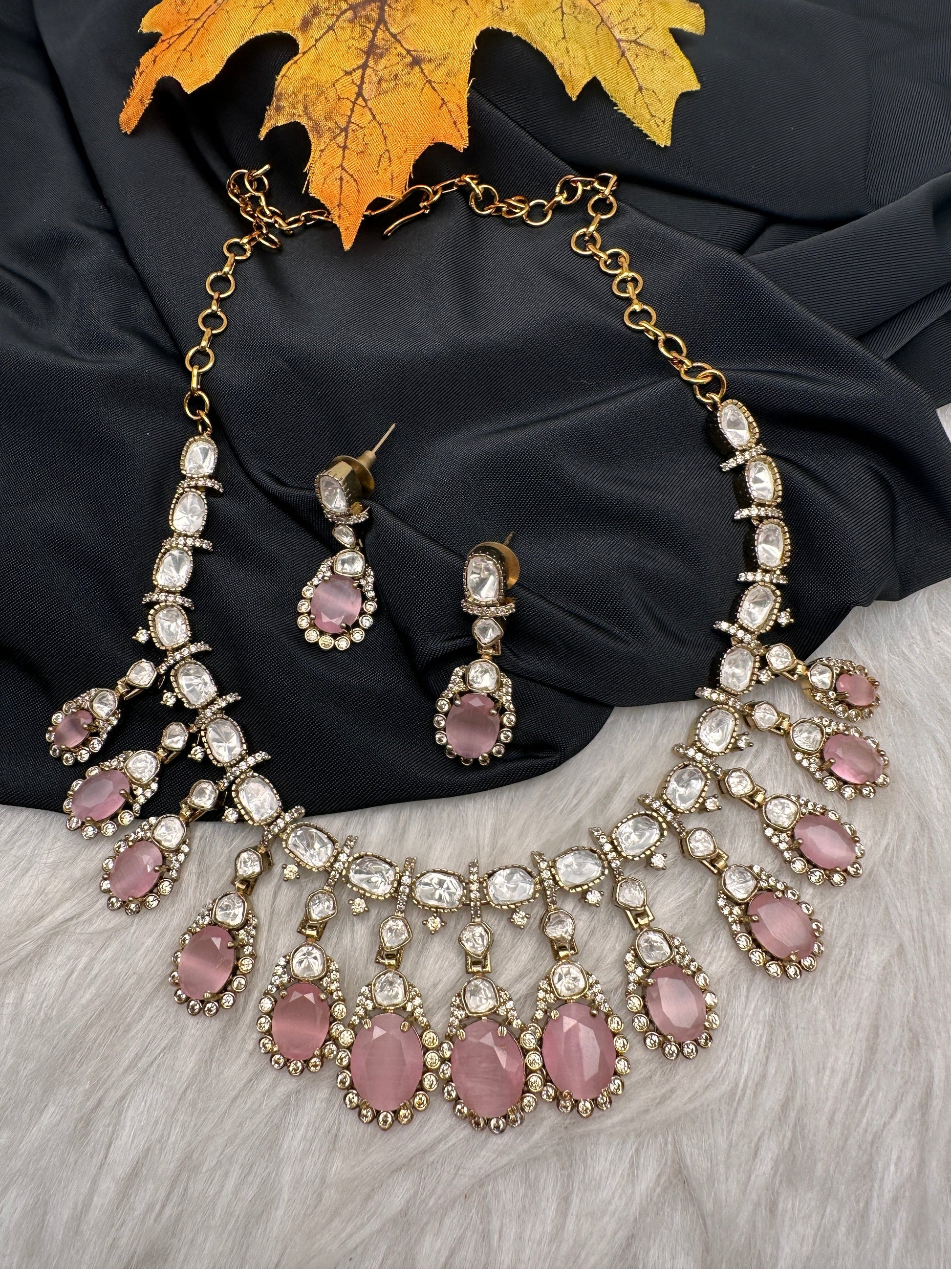 Moissanite Doublet Victorian Color Stone CZ Neckline Necklace - Pink