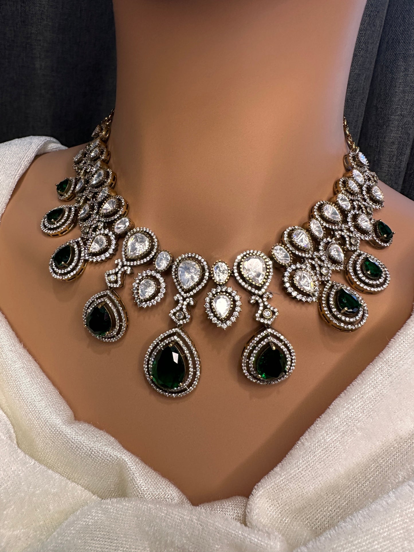Moissanite Doublet Victorian Color Stone Statement Necklace - Green