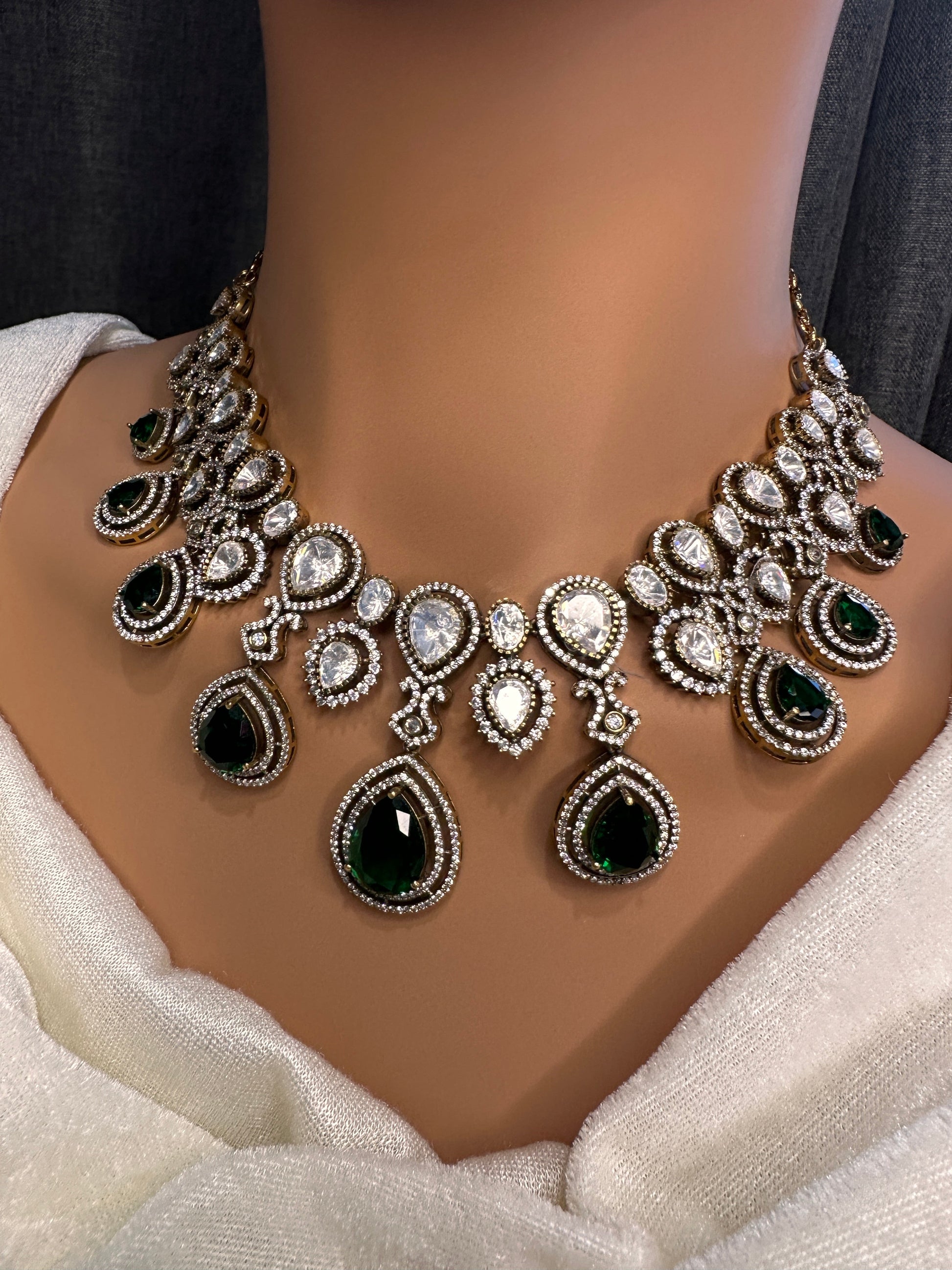 Moissanite Doublet Victorian Color Stone Statement Necklace - Green
