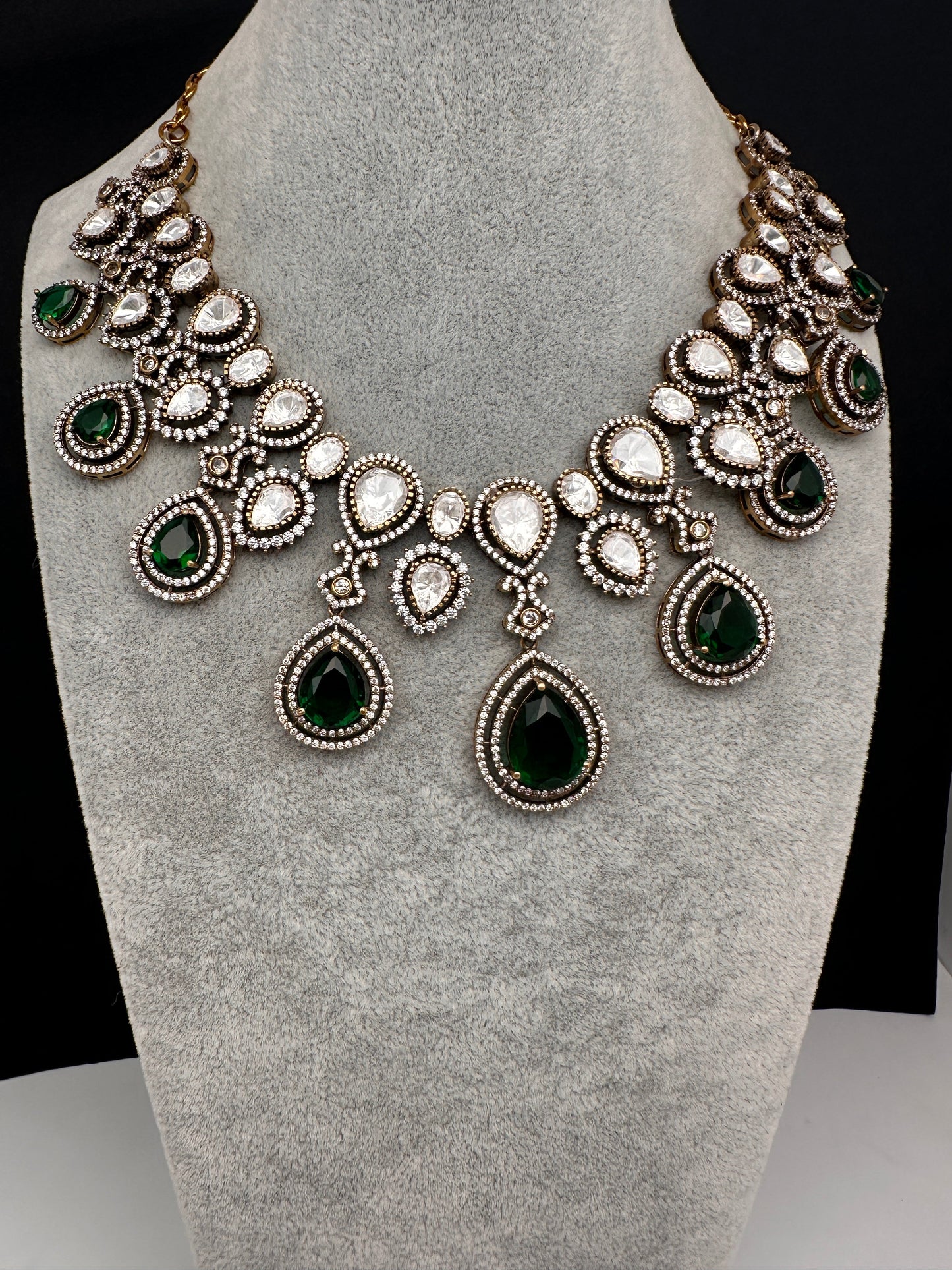 Moissanite Doublet Victorian Color Stone Statement Necklace - Green