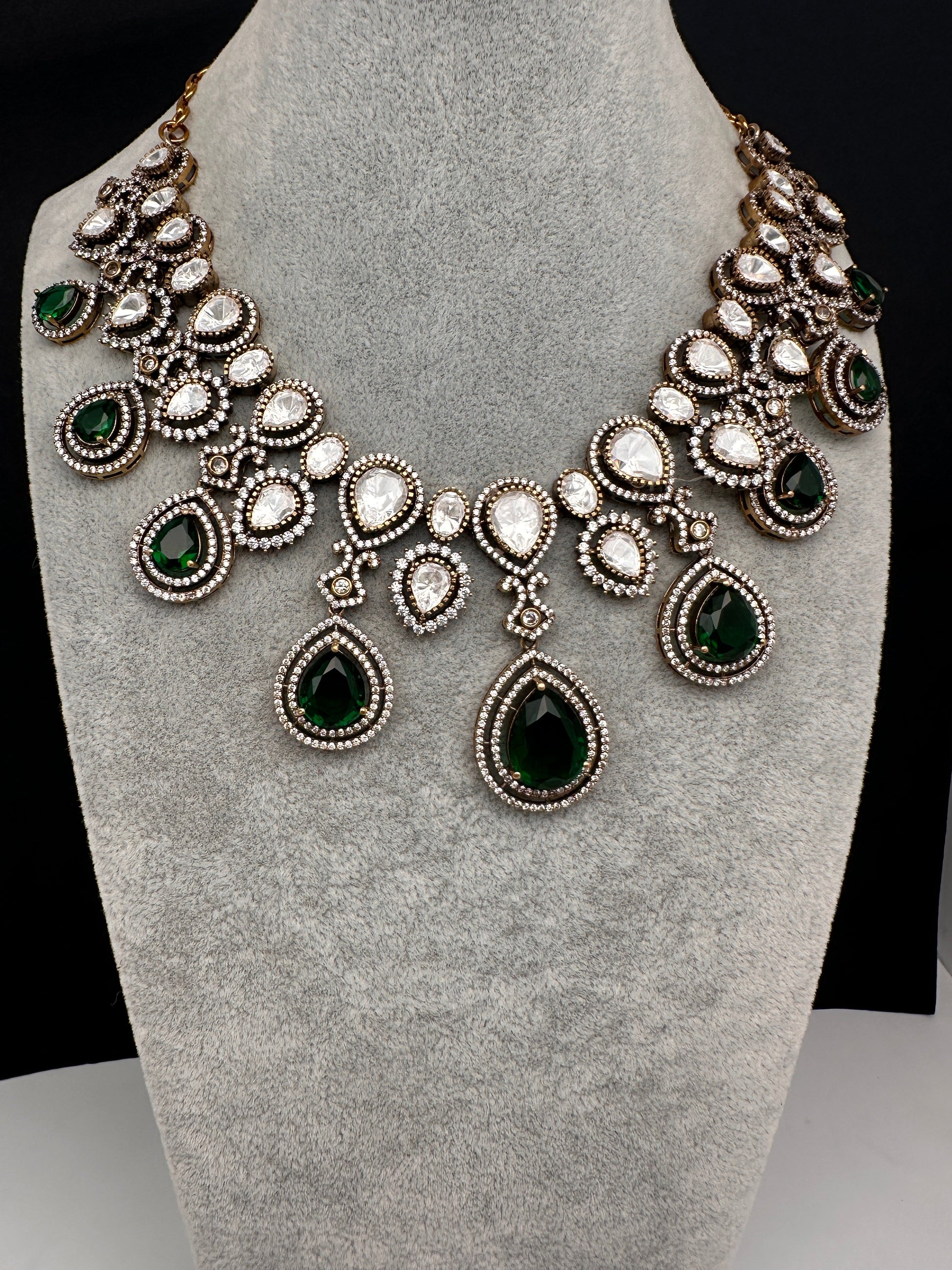 Moissanite Doublet Victorian Color Stone Statement Necklace - Green