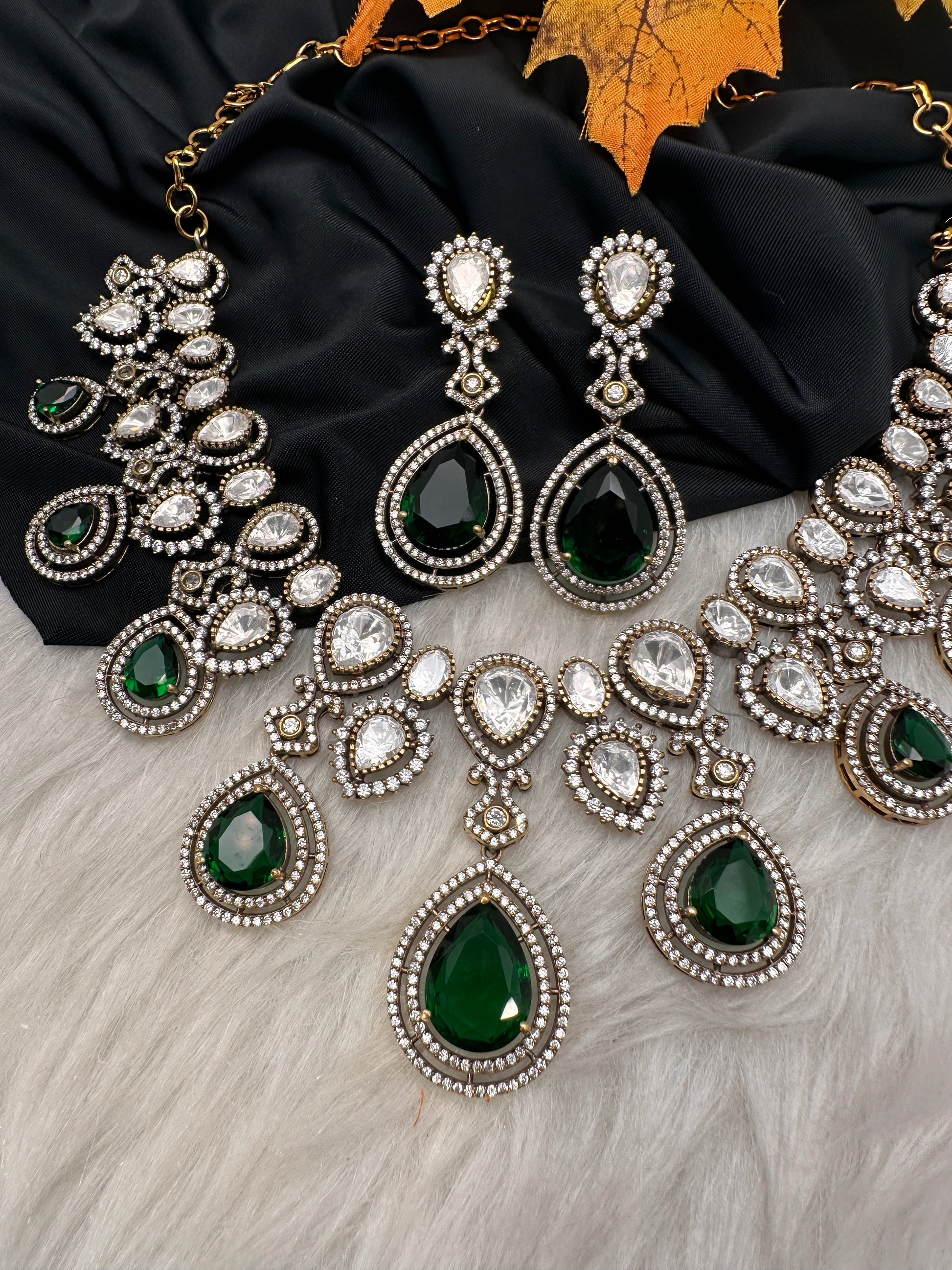 Moissanite Doublet Victorian Color Stone Statement Necklace - Green