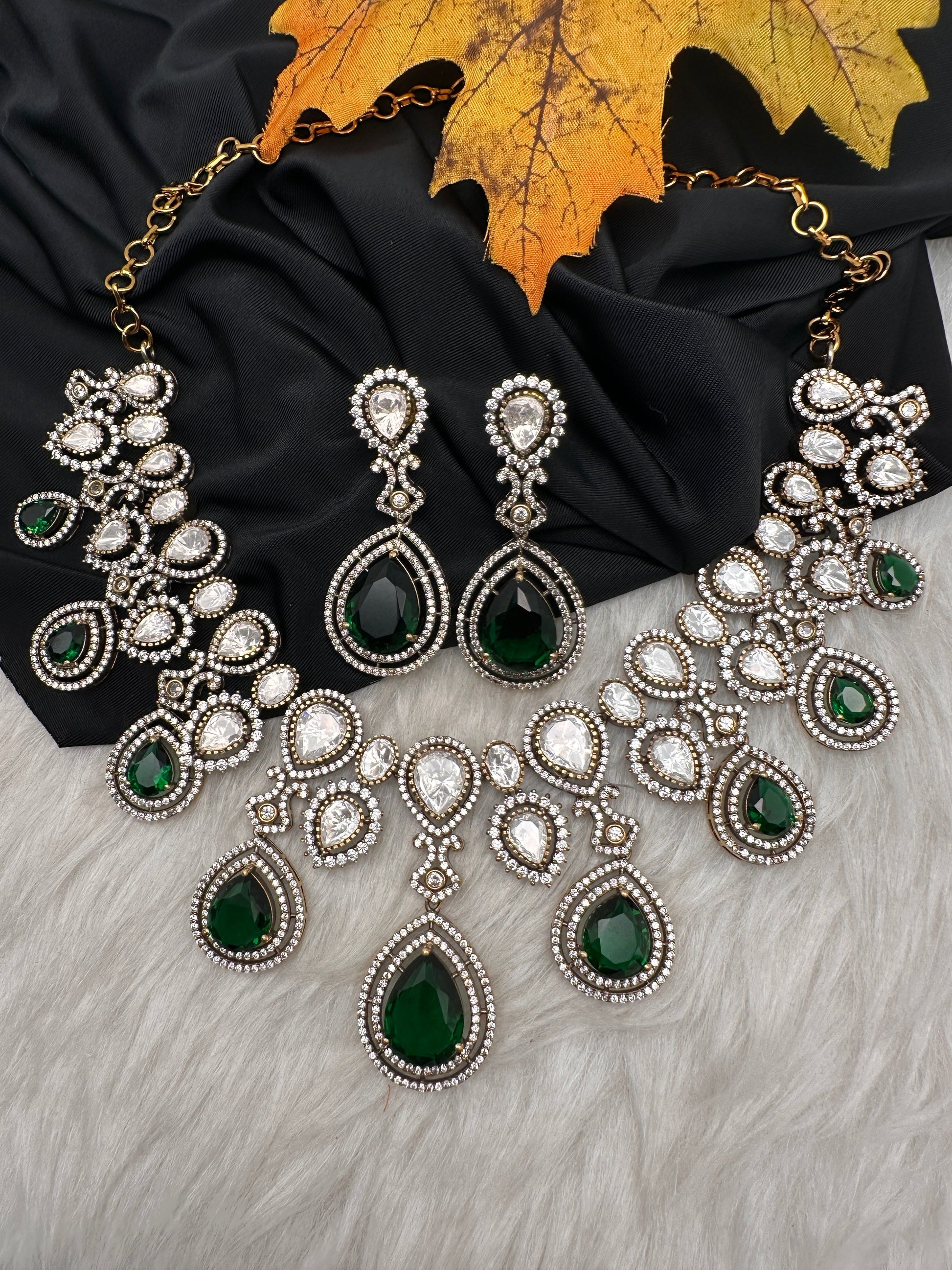 Moissanite Doublet Victorian Color Stone Statement Necklace - Green
