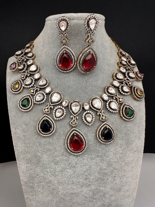 Moissanite Doublet Victorian Color Stone Statement Necklace - Multi