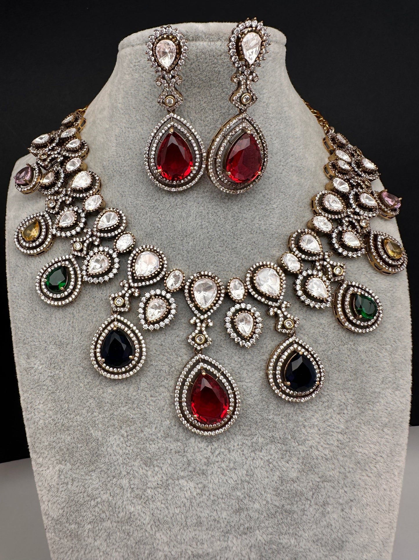 Moissanite Doublet Victorian Color Stone Statement Necklace - Multi