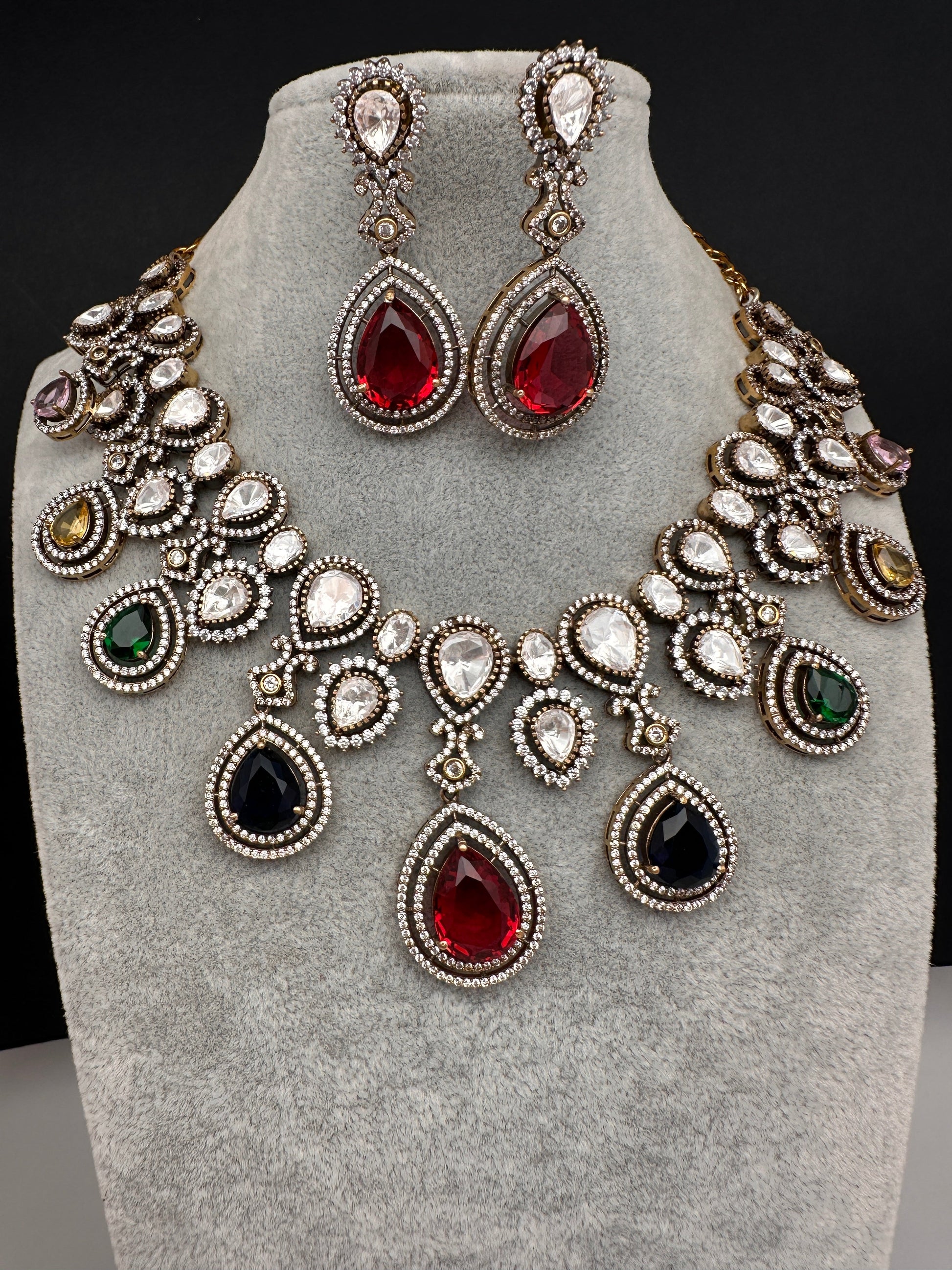 Moissanite Doublet Victorian Color Stone Statement Necklace - Multi