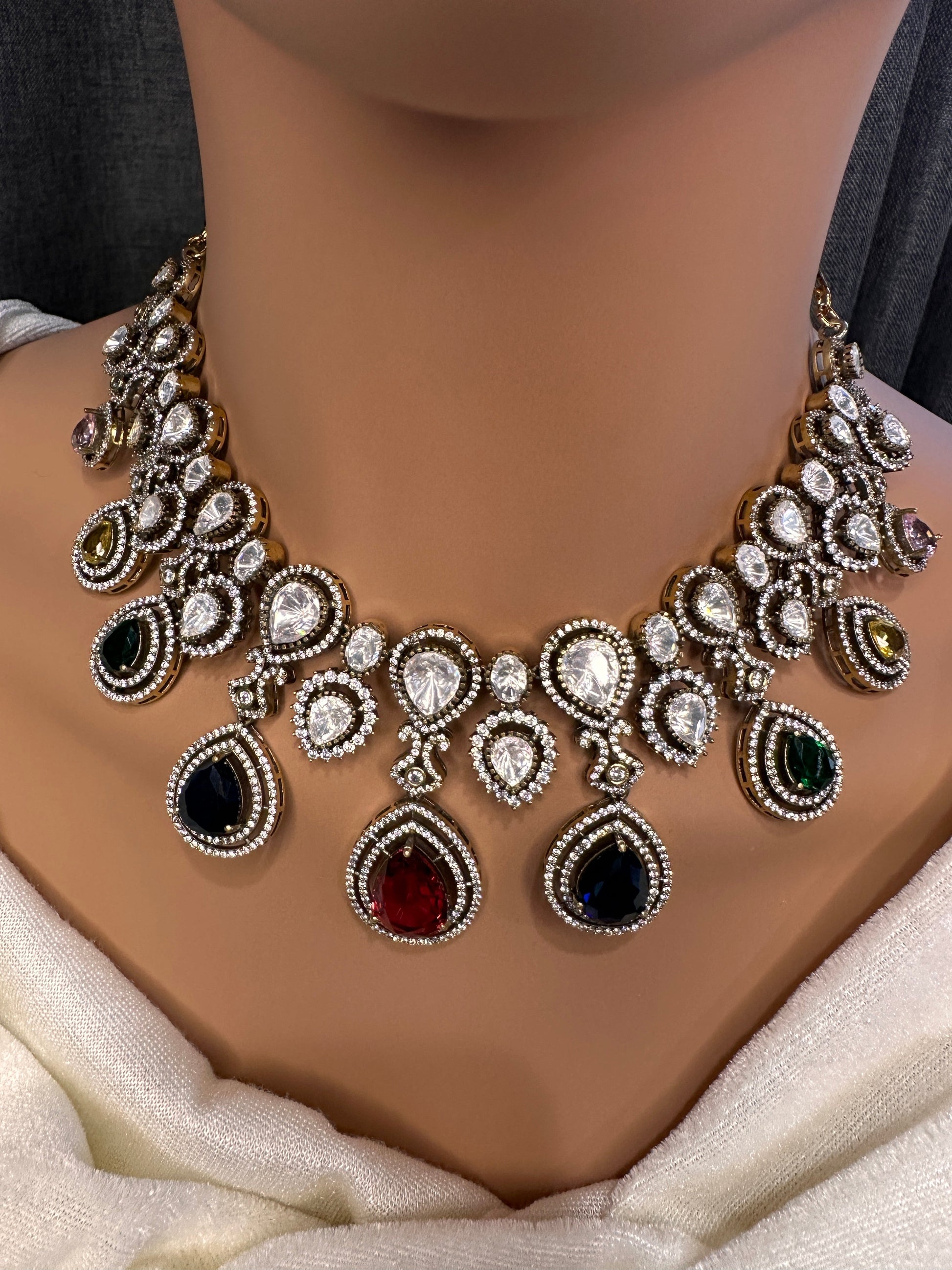 Moissanite Doublet Victorian Color Stone Statement Necklace - Multi