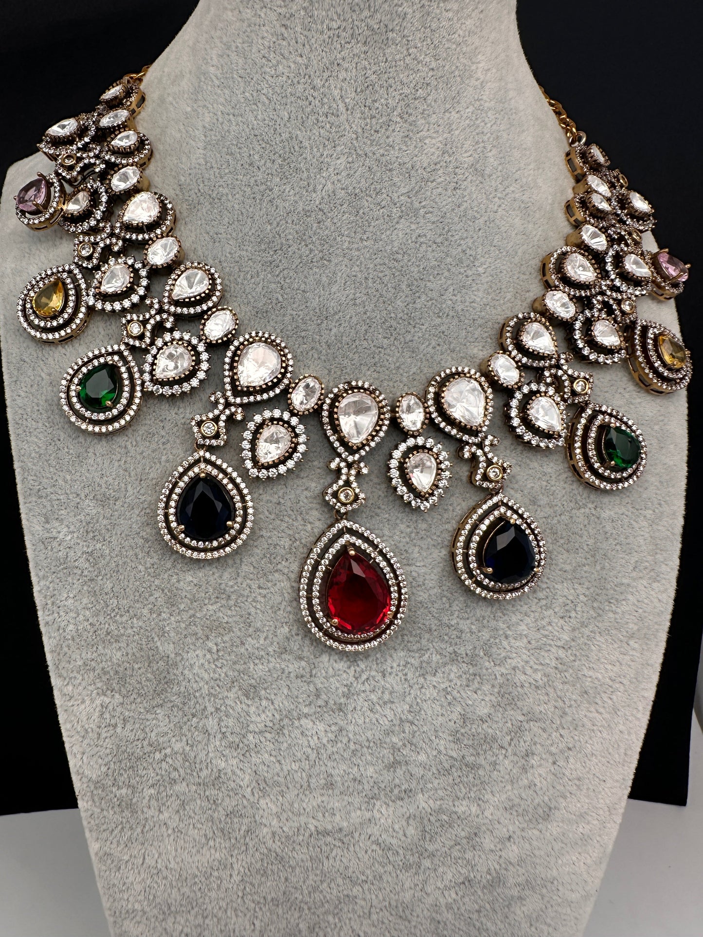 Moissanite Doublet Victorian Color Stone Statement Necklace - Multi