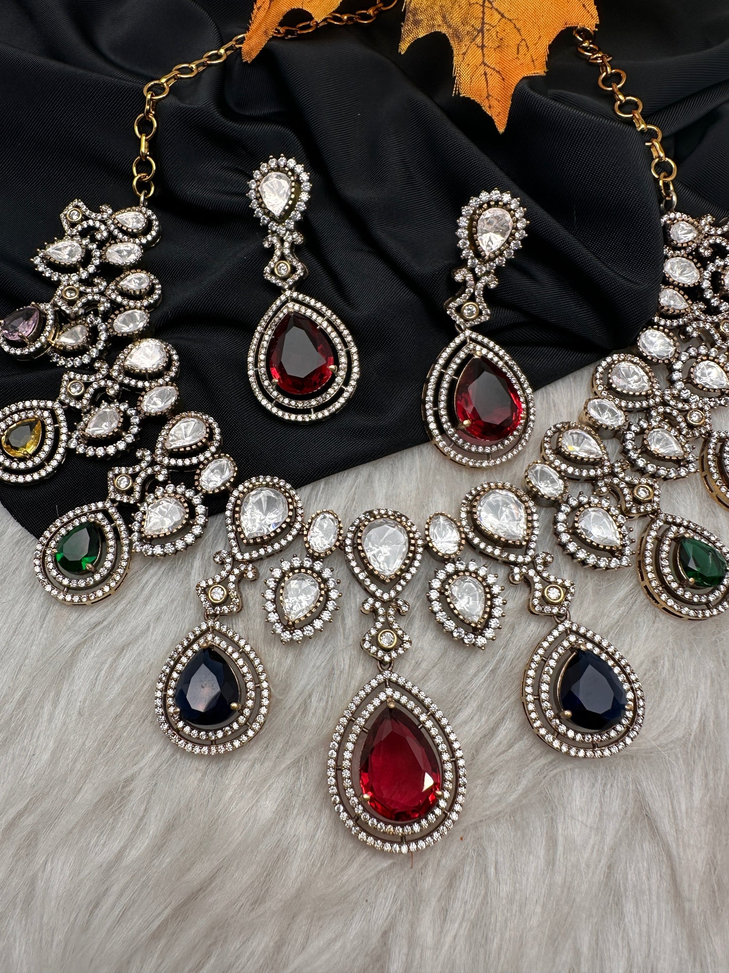 Moissanite Doublet Victorian Color Stone Statement Necklace - Multi