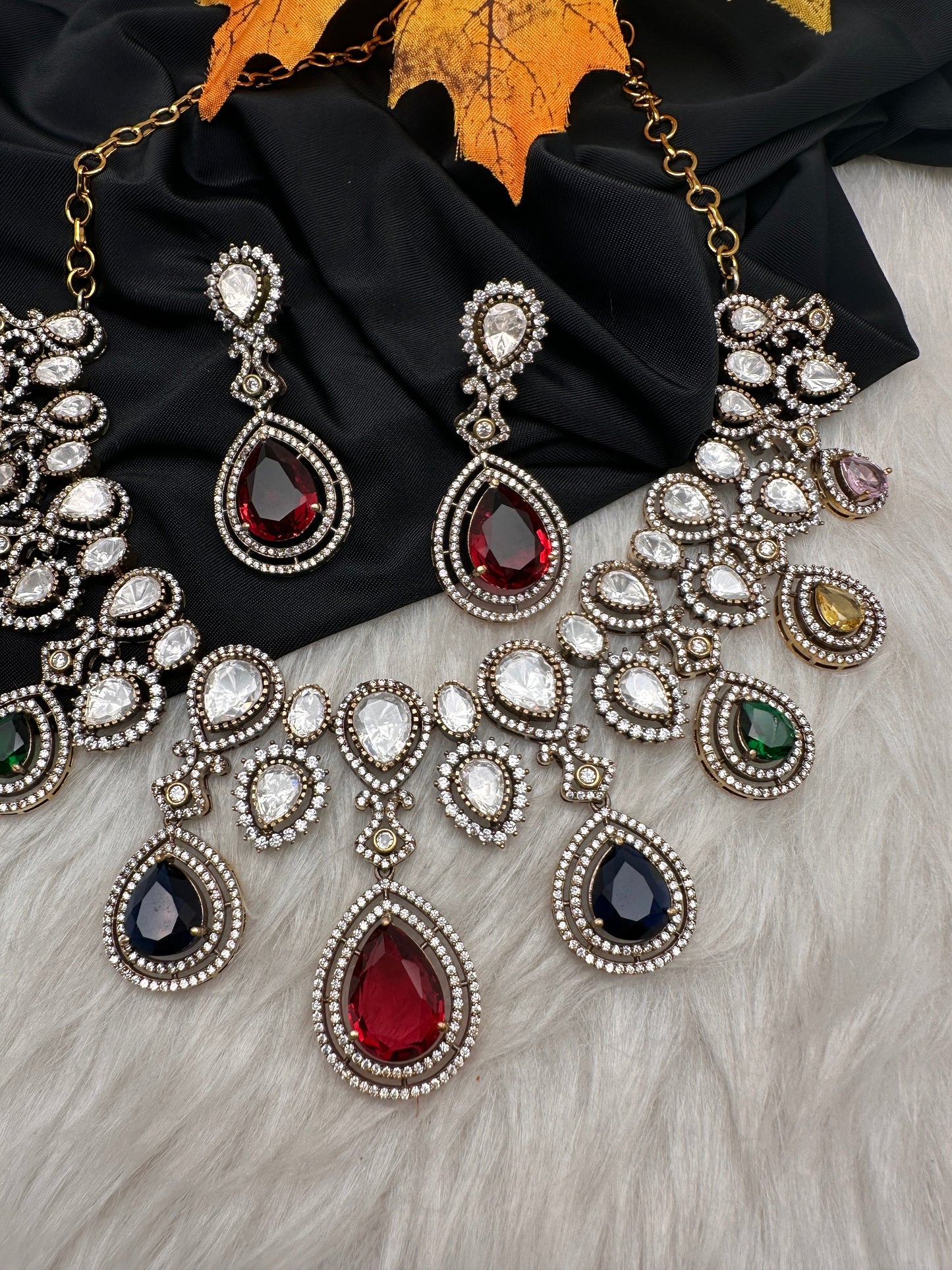 Moissanite Doublet Victorian Color Stone Statement Necklace - Multi