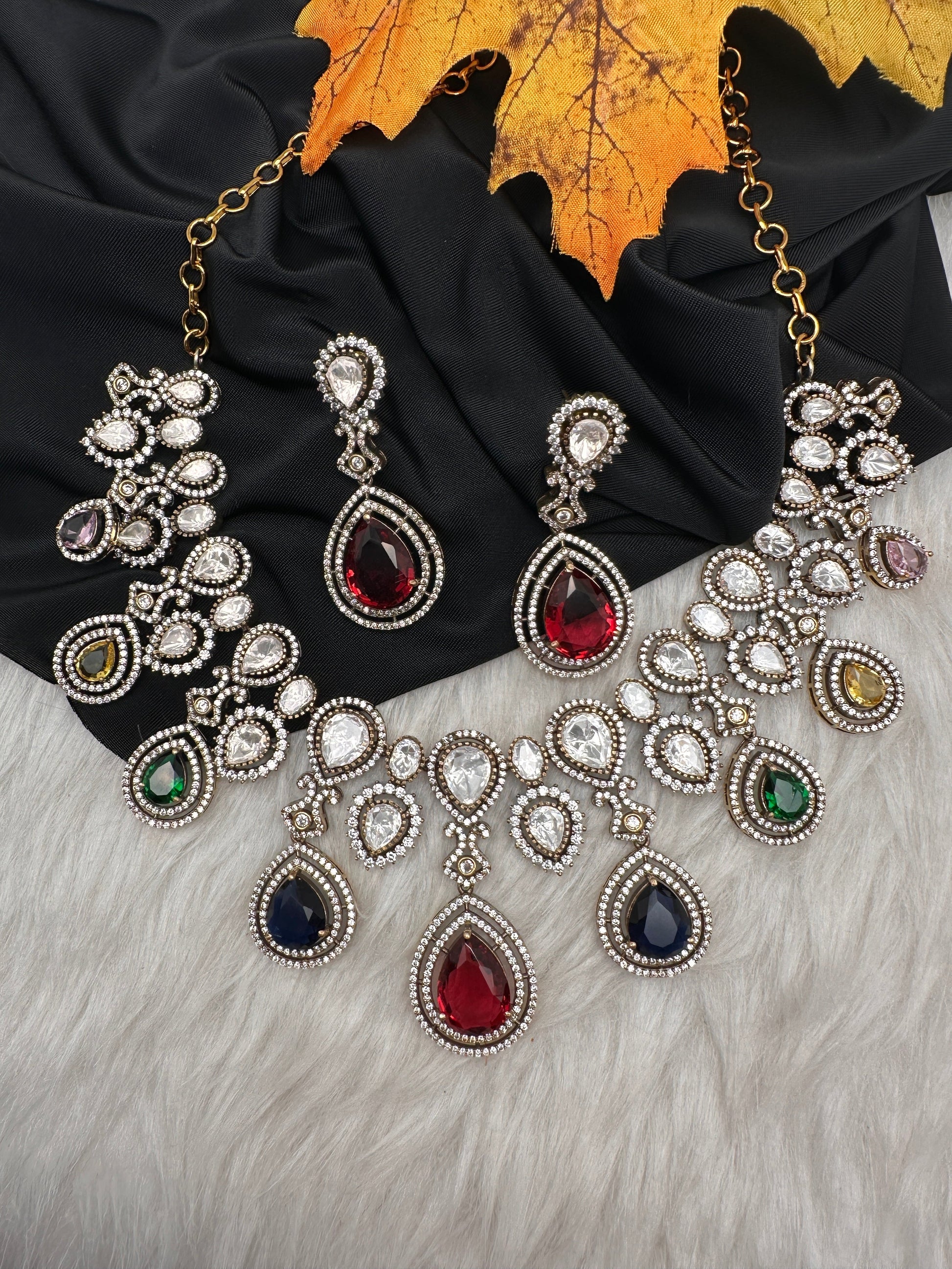 Moissanite Doublet Victorian Color Stone Statement Necklace - Multi
