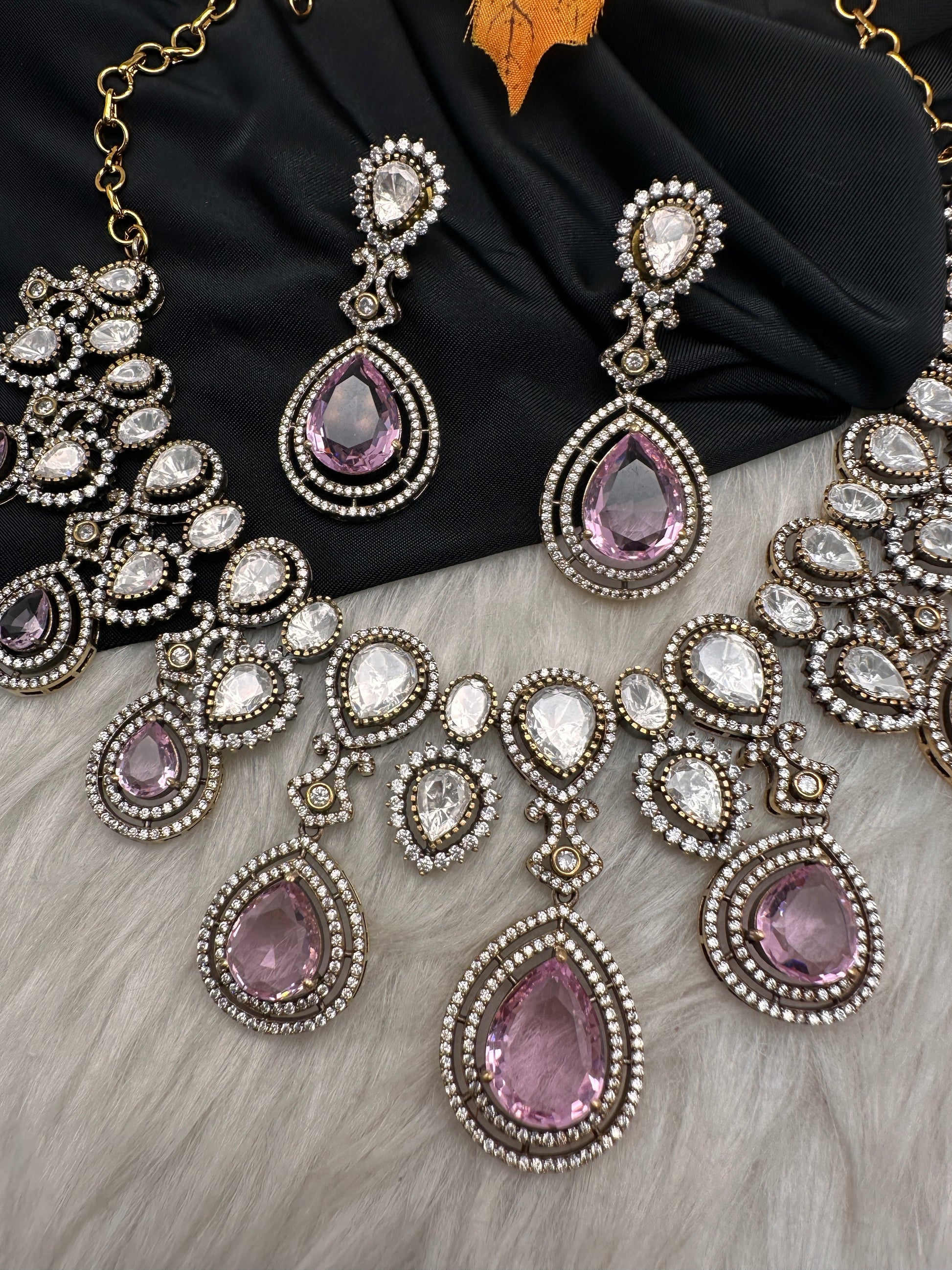 Moissanite Doublet Victorian Color Stone Statement Necklace - Pink