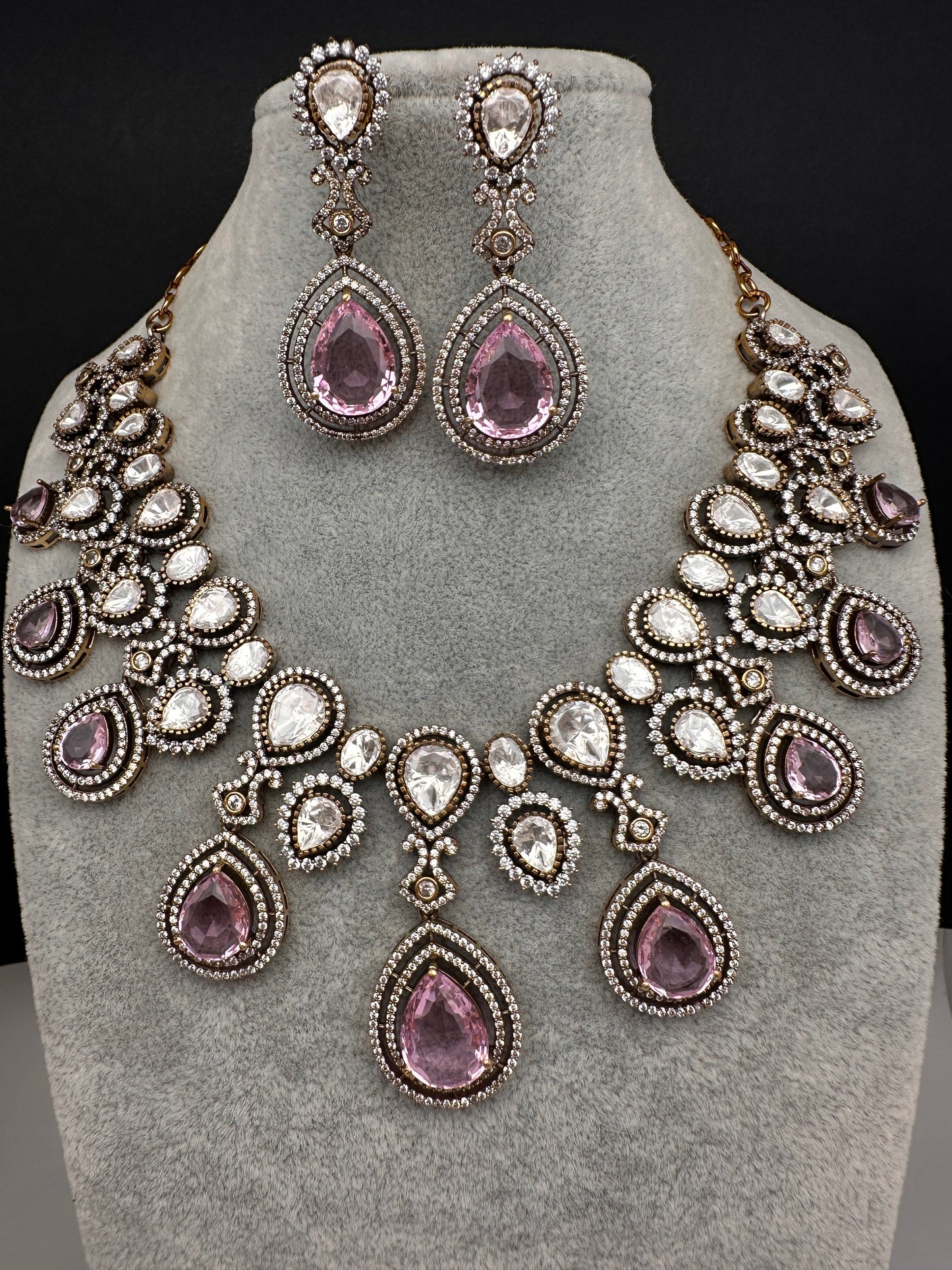 Moissanite Doublet Victorian Color Stone Statement Necklace - Pink