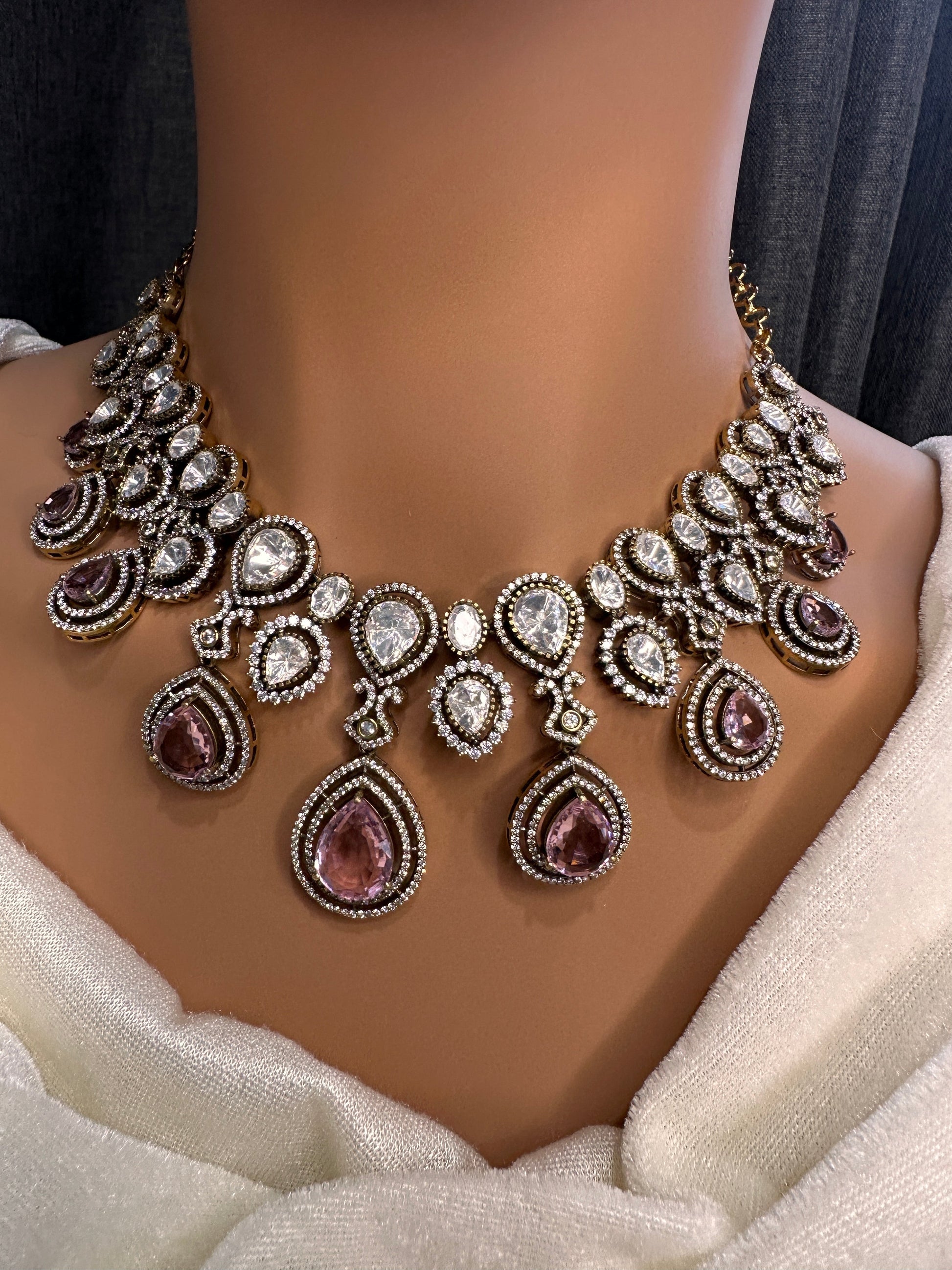 Moissanite Doublet Victorian Color Stone Statement Necklace - Pink