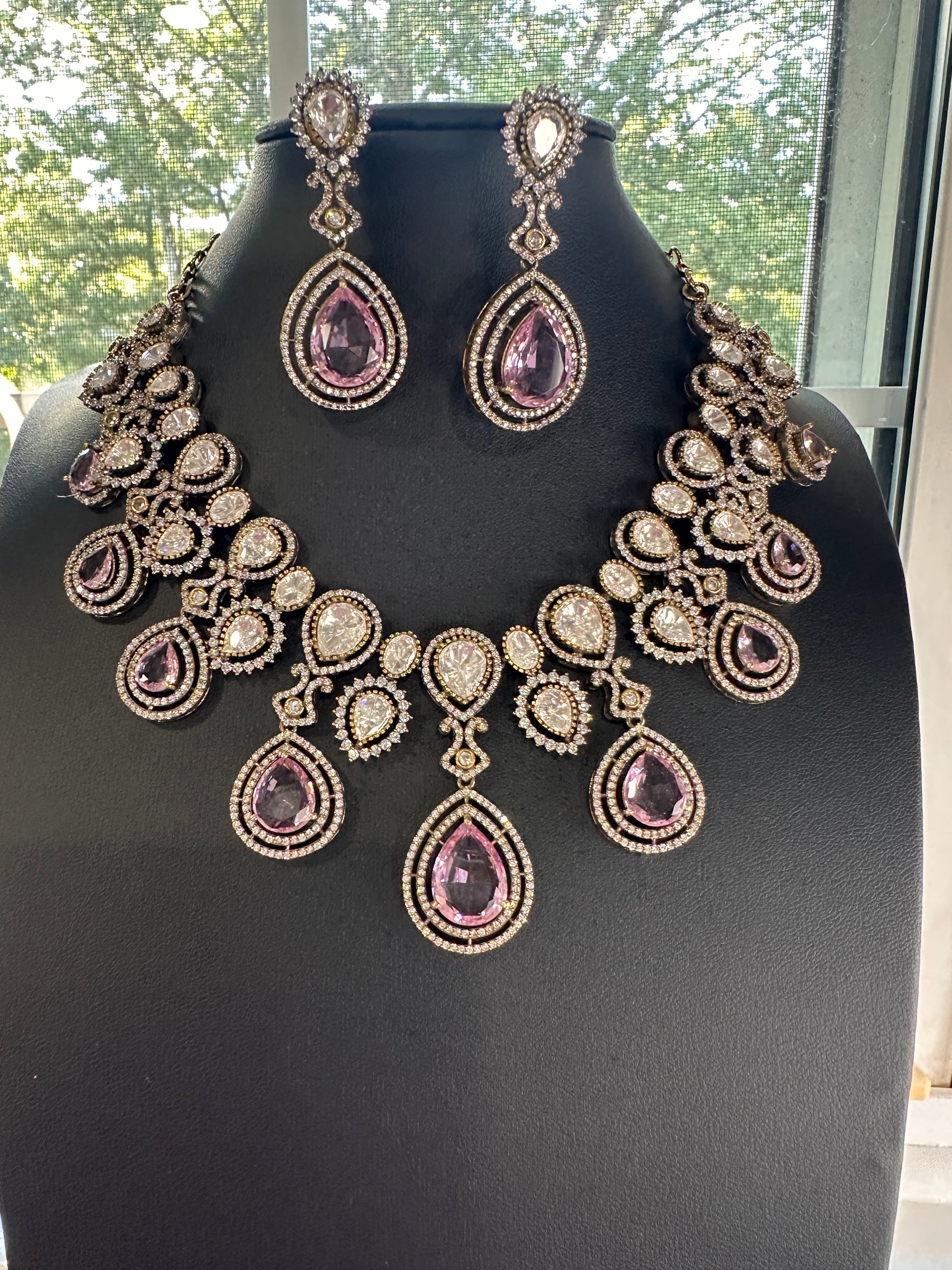 Moissanite Doublet Victorian Color Stone Statement Necklace - Pink