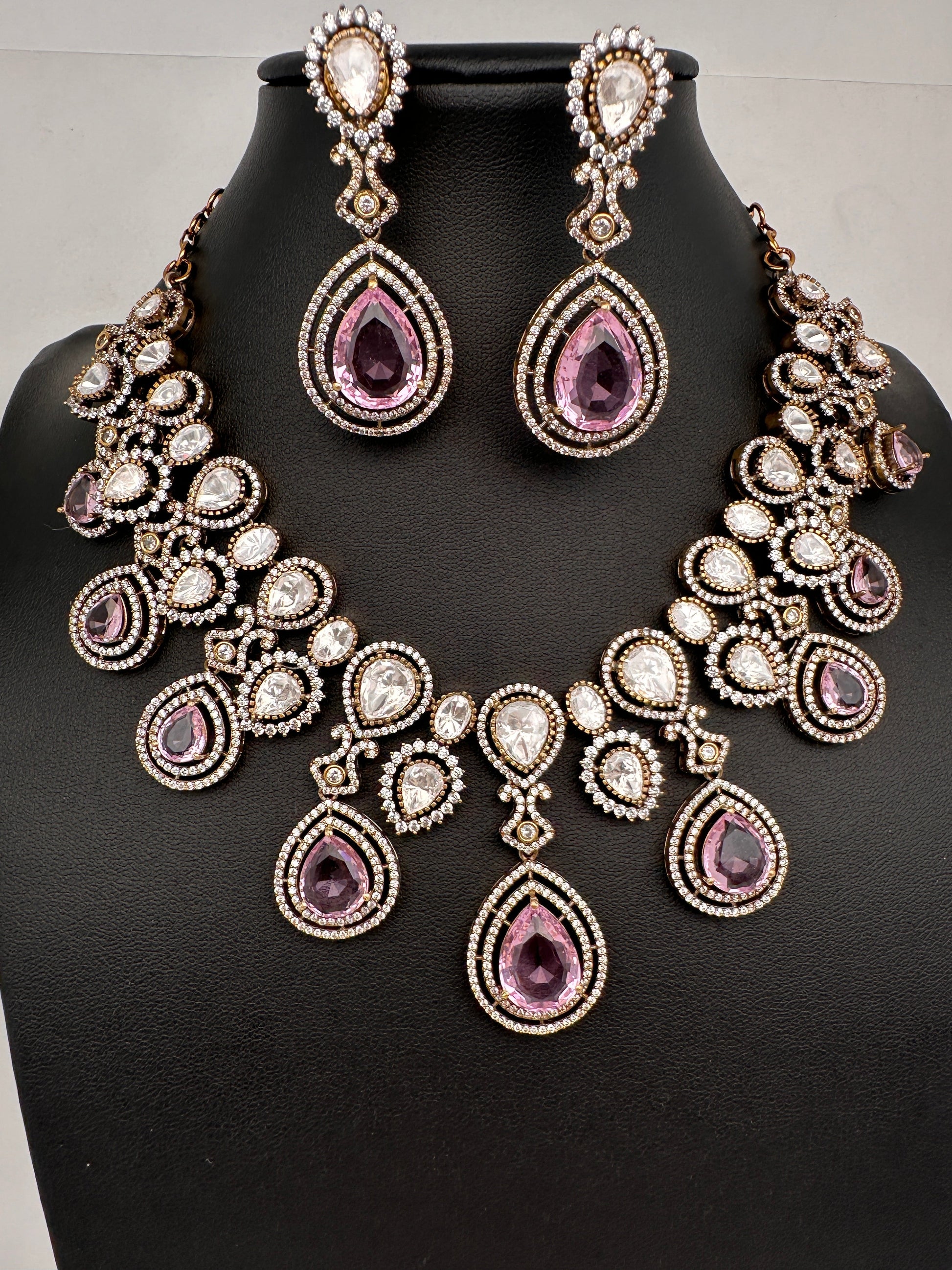 Moissanite Doublet Victorian Color Stone Statement Necklace - Pink