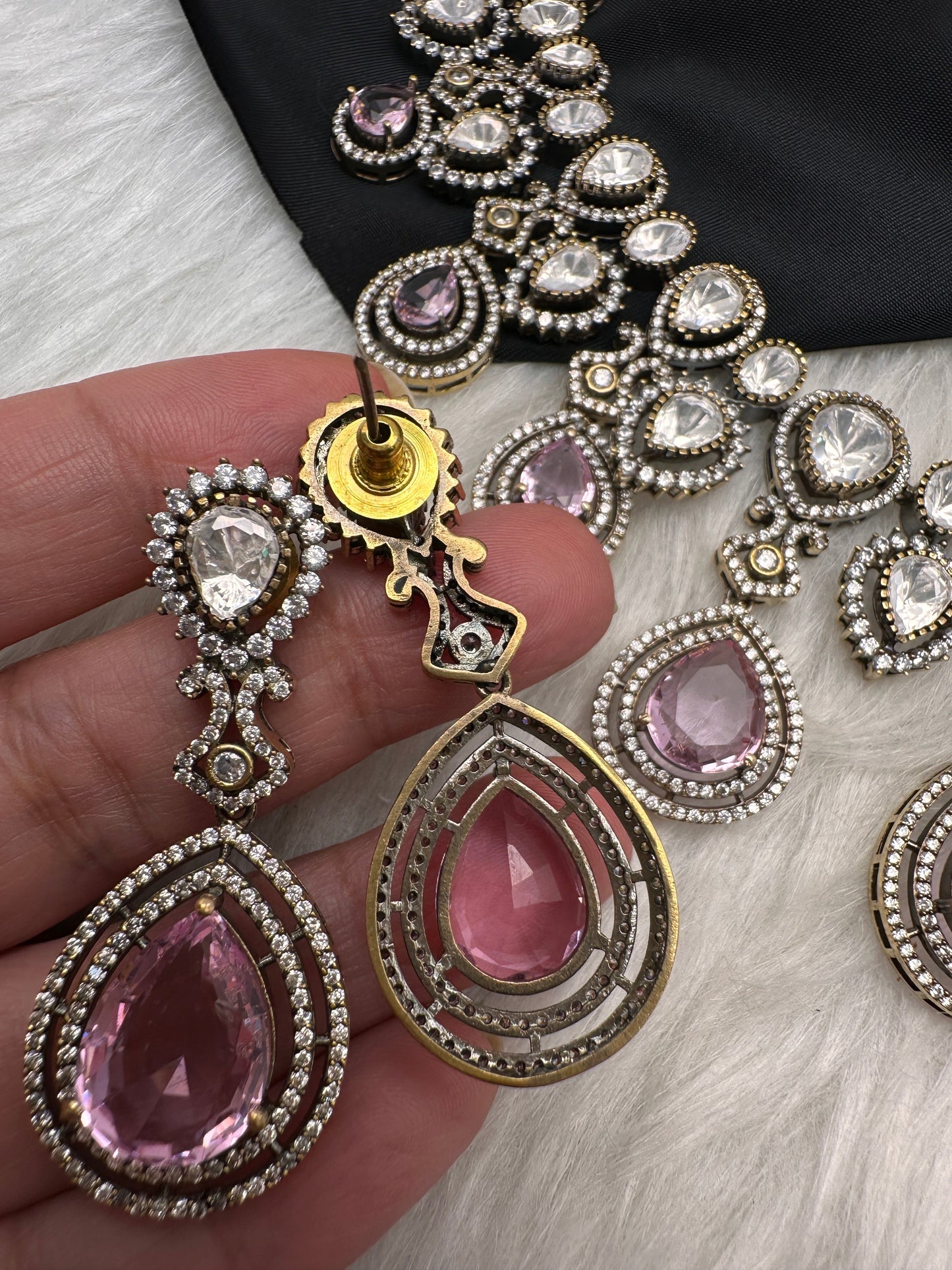 Moissanite Doublet Victorian Color Stone Statement Necklace - Pink