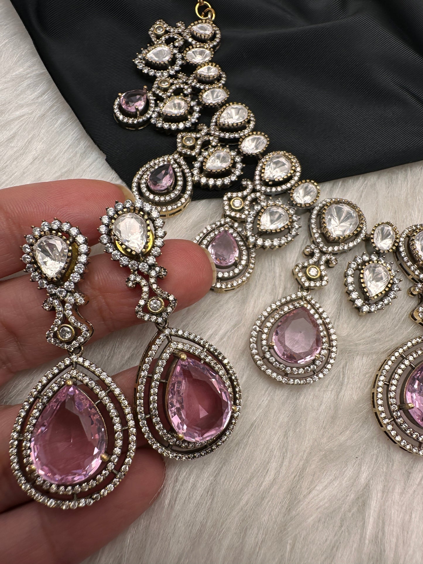 Moissanite Doublet Victorian Color Stone Statement Necklace - Pink