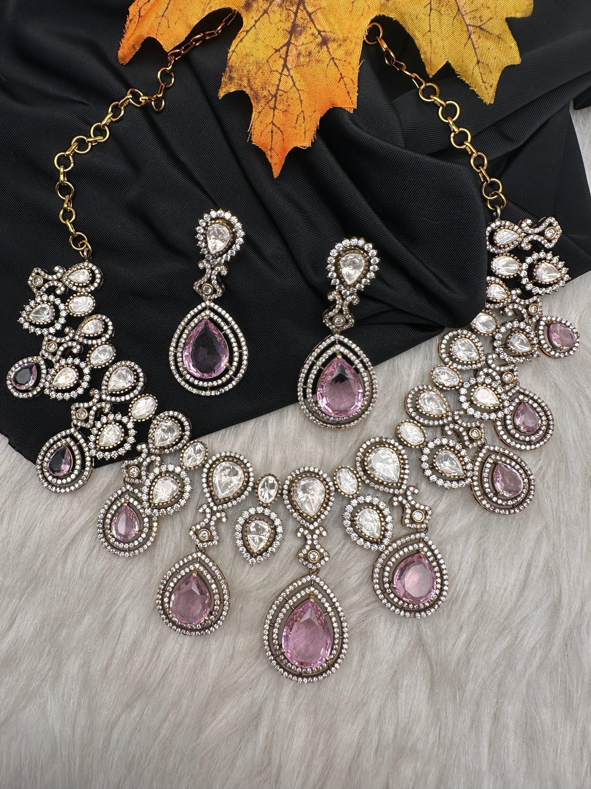 Moissanite Doublet Victorian Color Stone Statement Necklace - Pink