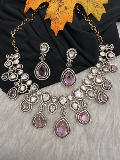 Moissanite Doublet Victorian Color Stone Statement Necklace - Pink