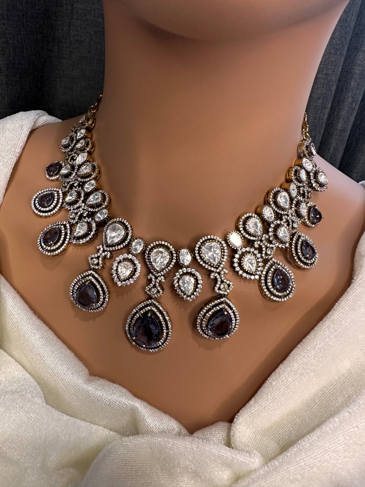 Moissanite Doublet Victorian Color Stone Statement Necklace - Purple