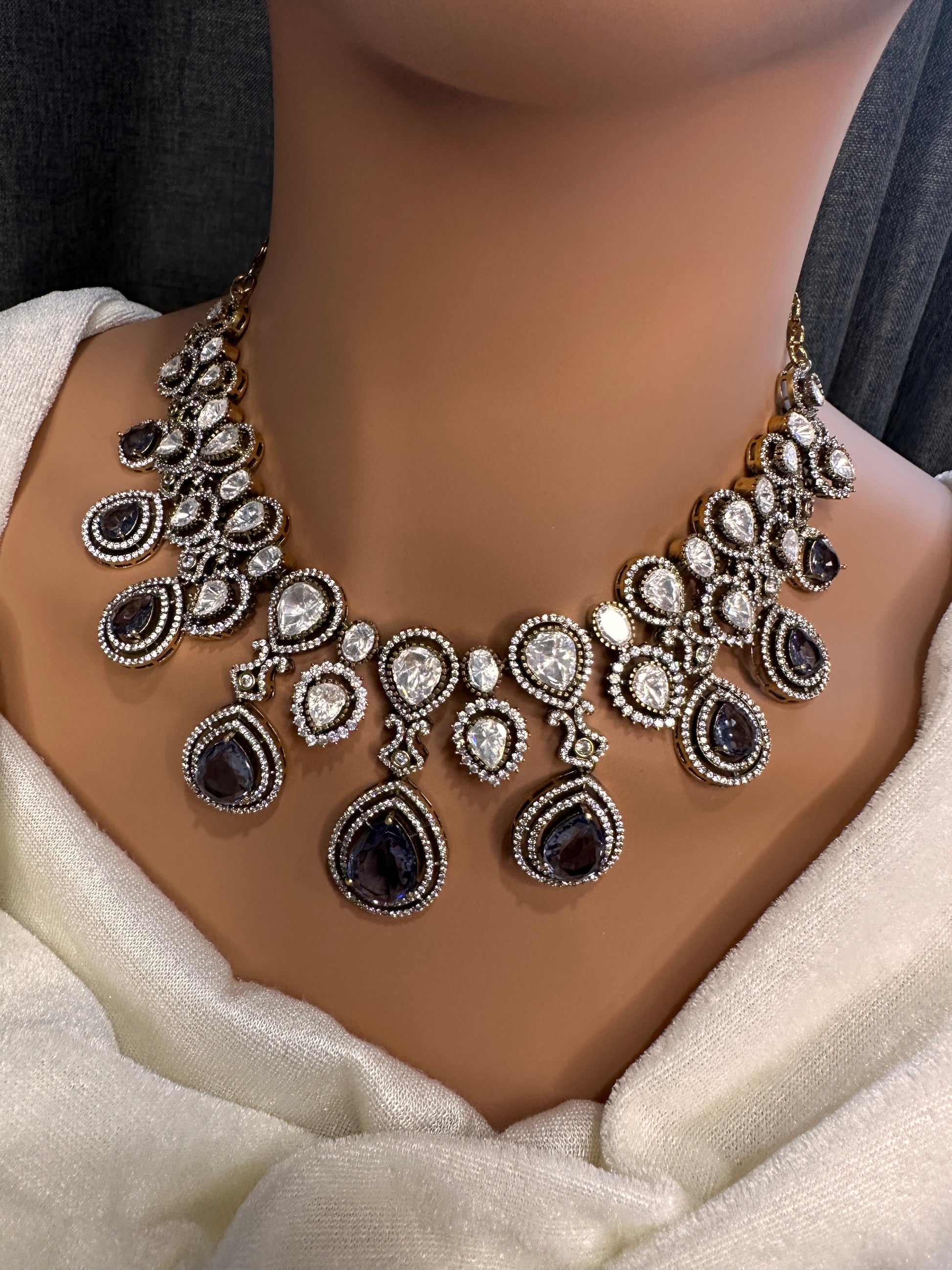 Moissanite Doublet Victorian Color Stone Statement Necklace - Purple
