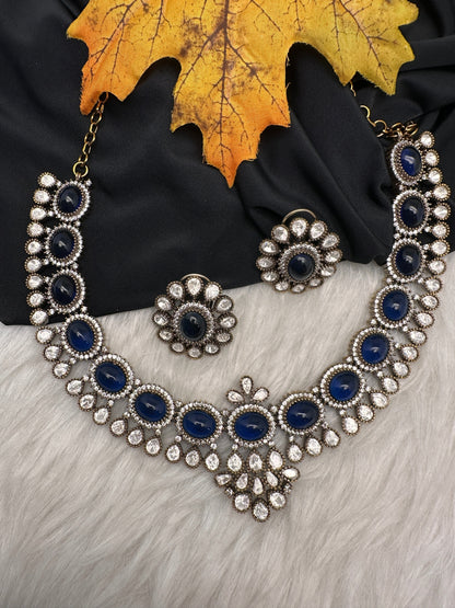 Moissanite Victorian Color Stone Necklace Comes With Studs - Blue