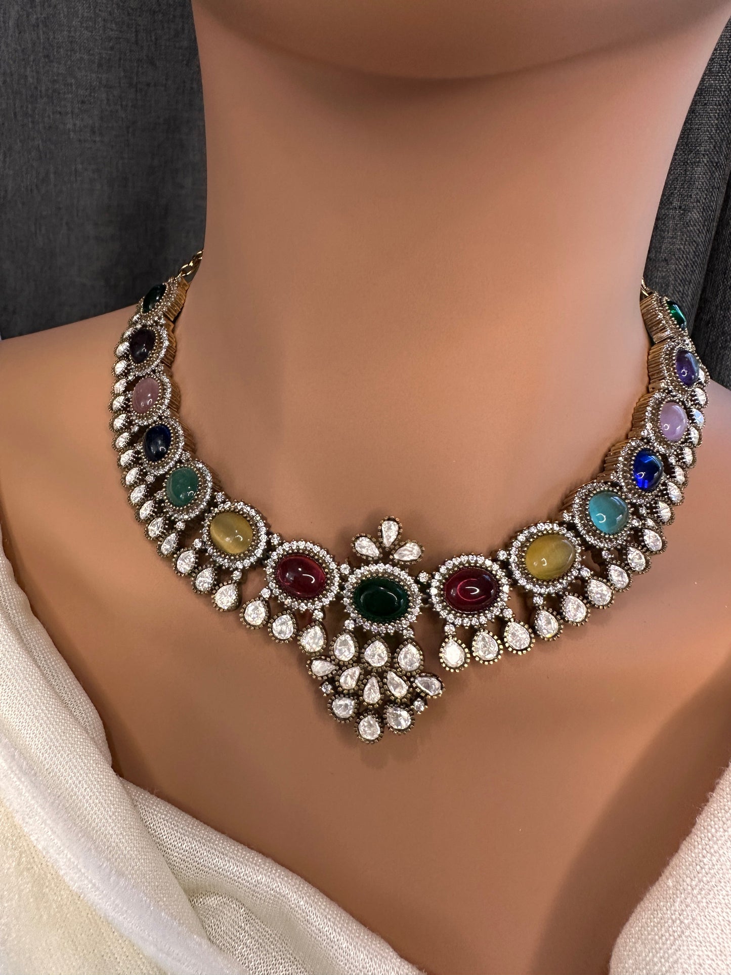 Moissanite Victorian Color Stone Necklace Comes With Studs - Multi