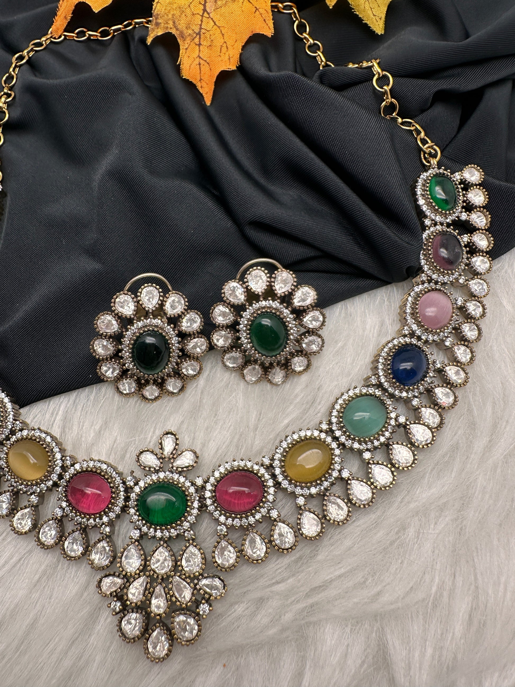 Moissanite Victorian Color Stone Necklace Comes With Studs - Multi