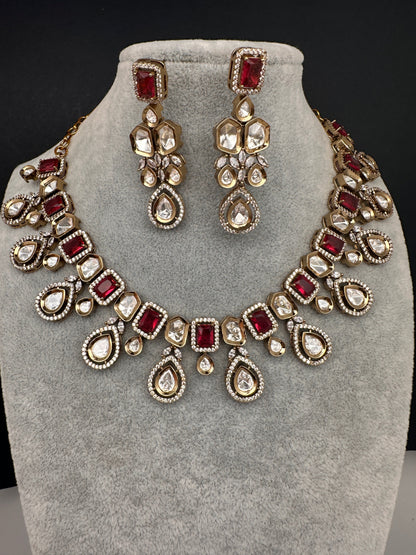 Moissanite Uncut Finish Victorian Color Stone Necklace - Red