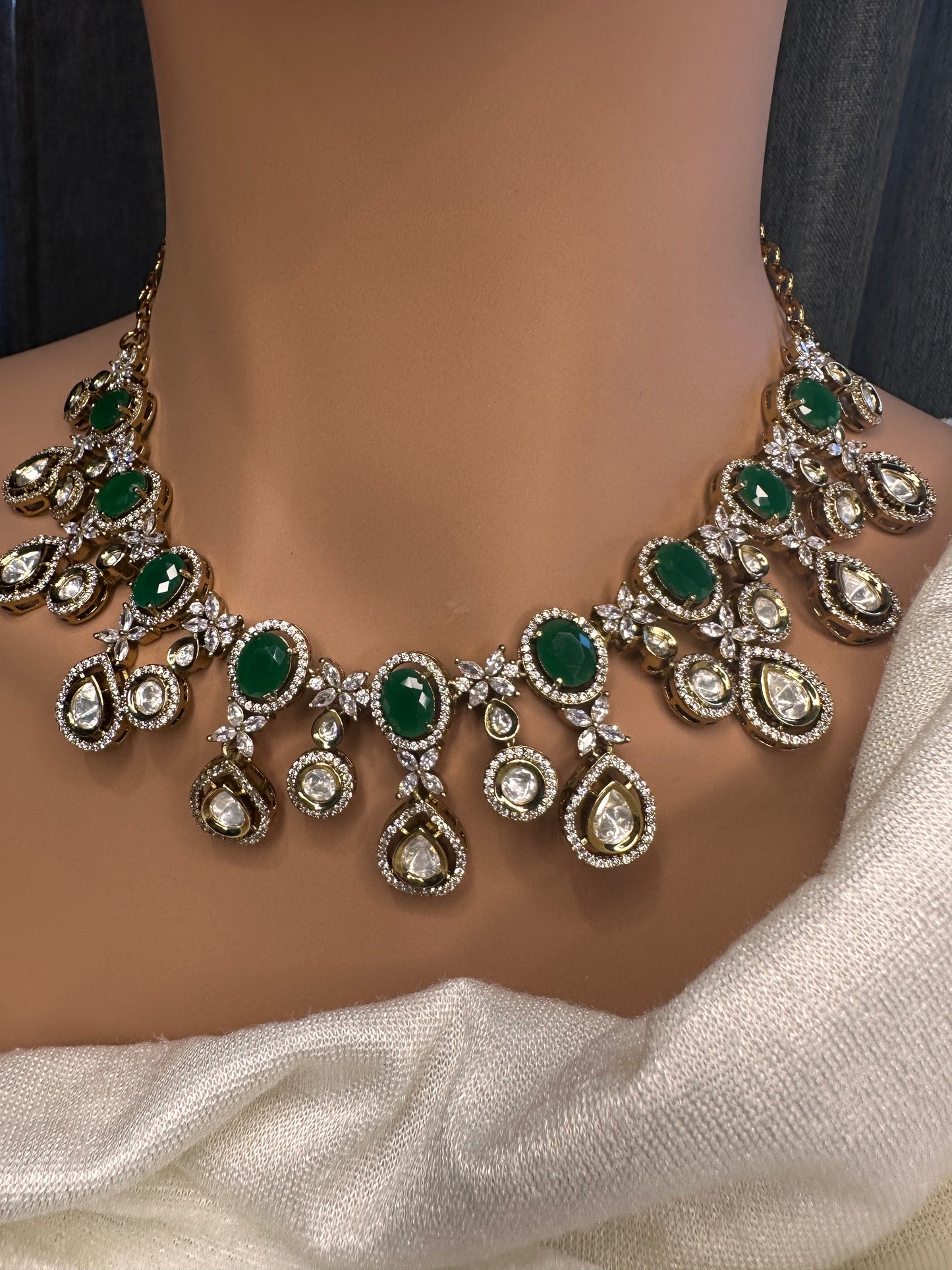 Moissanite Kundan Victorian Color Stone Necklace - Green