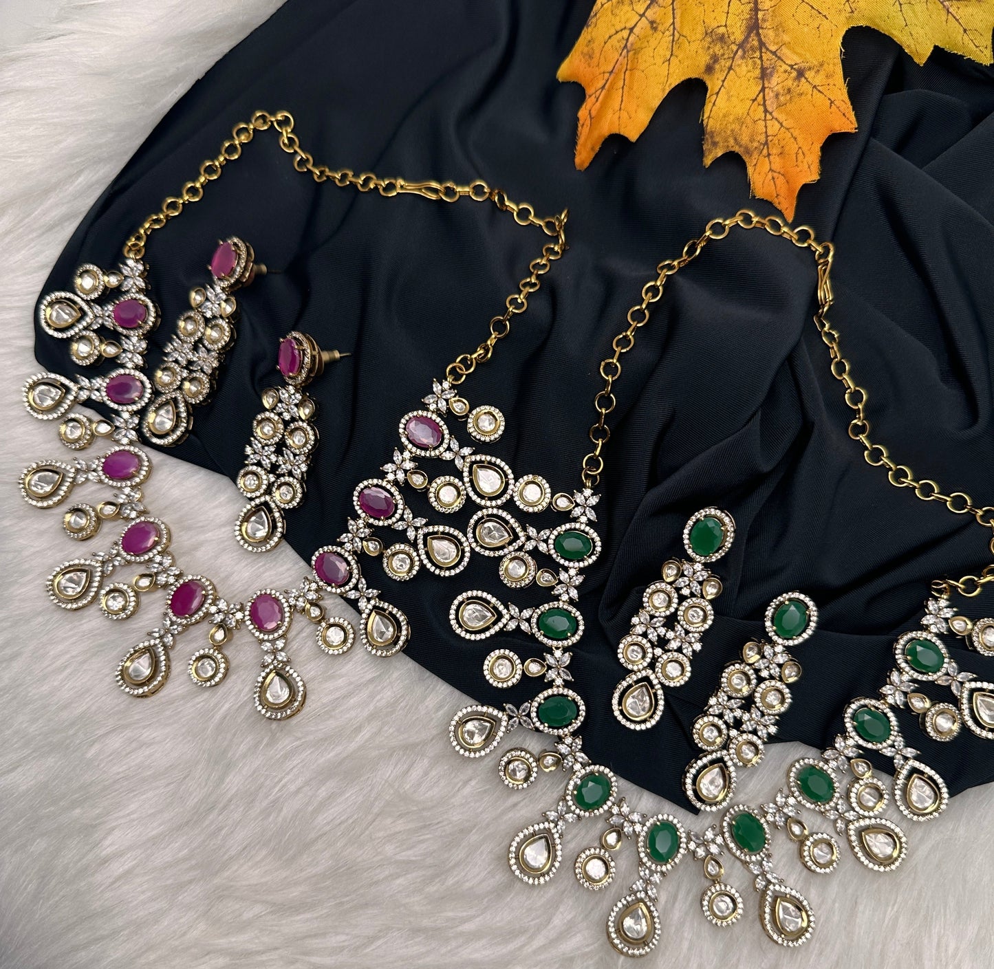 Moissanite Kundan Victorian Color Stone Necklace - Green