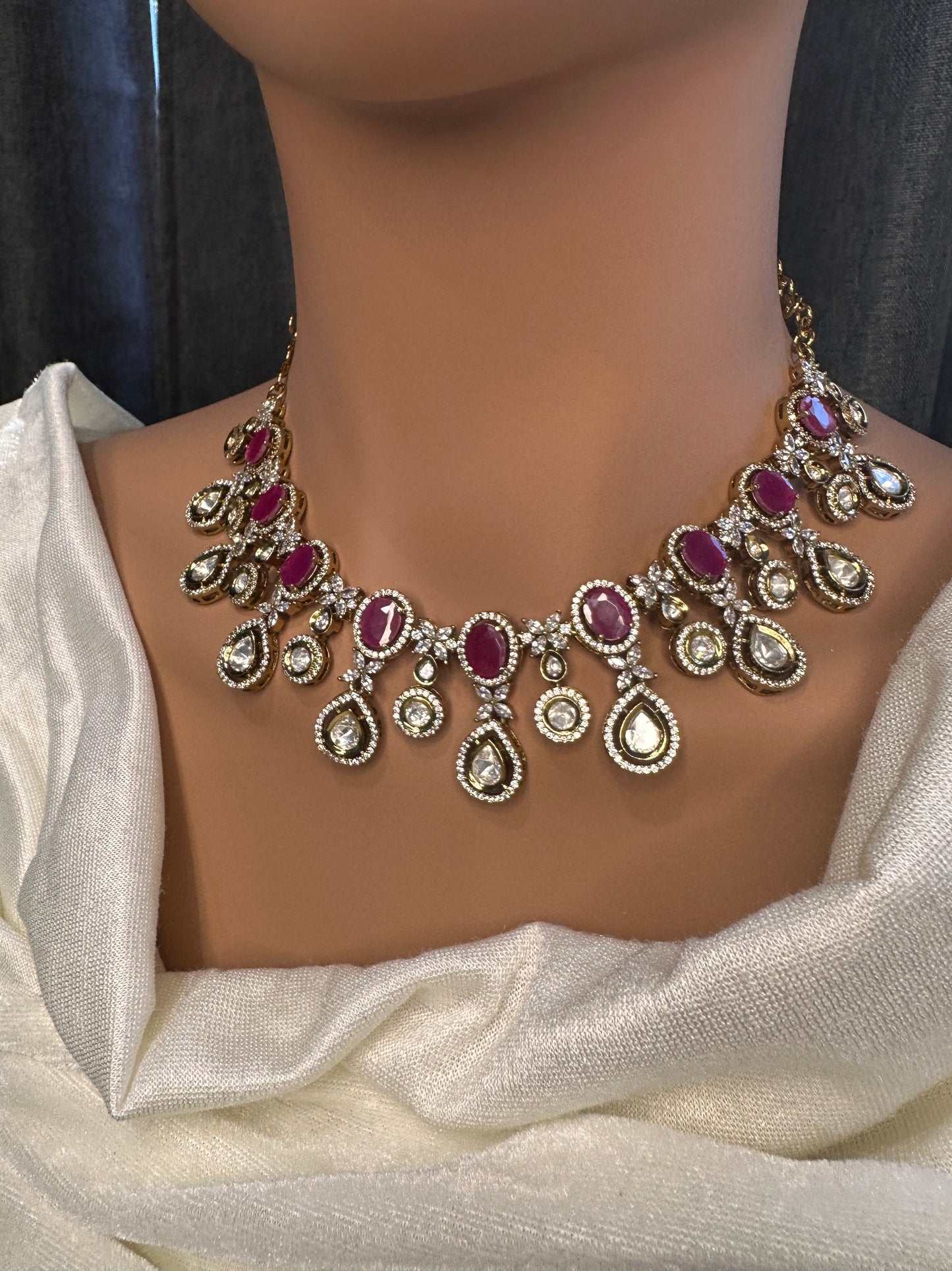Moissanite Kundan Victorian Color Stone Necklace - Red