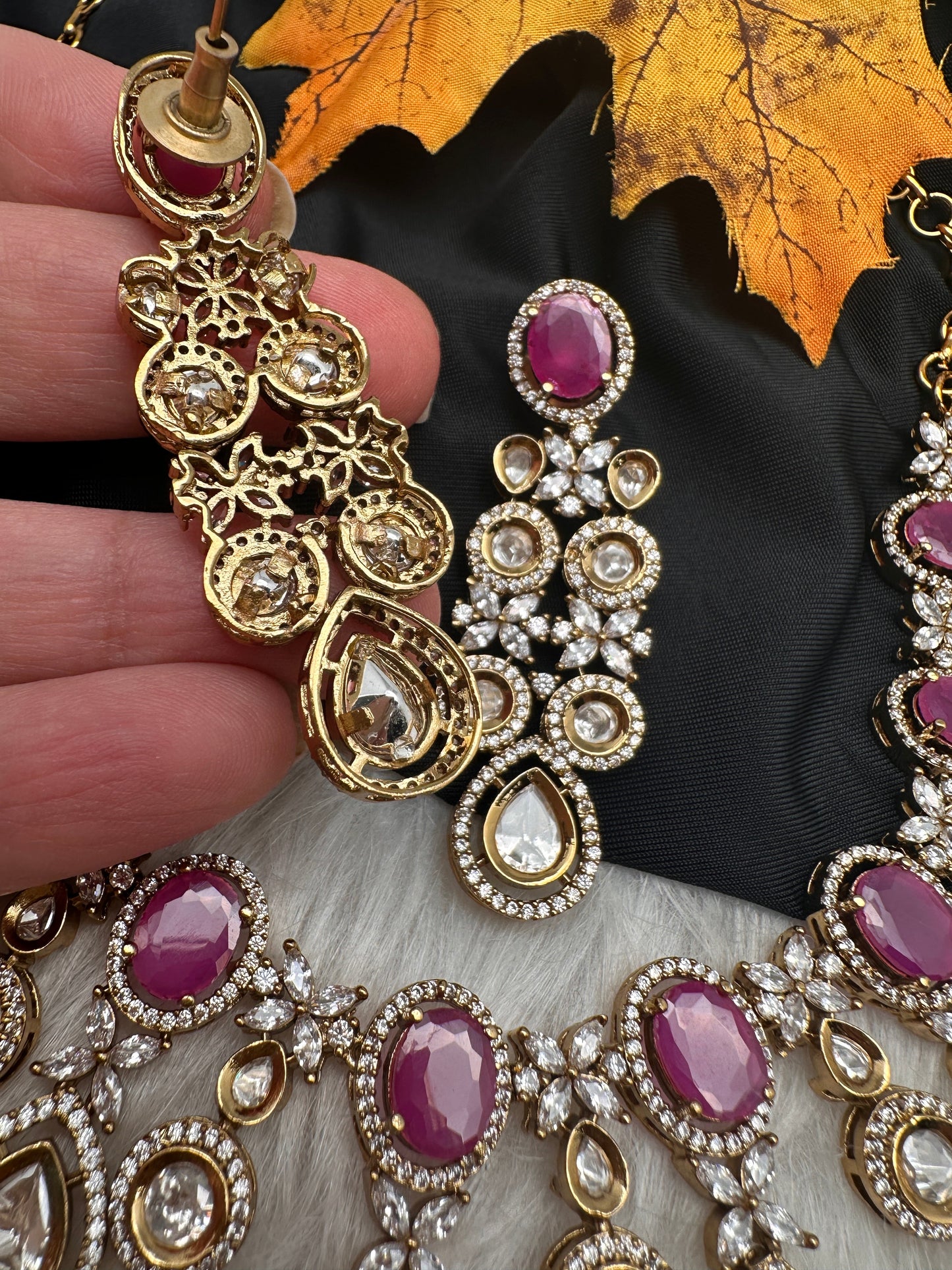 Moissanite Kundan Victorian Color Stone Necklace - Red