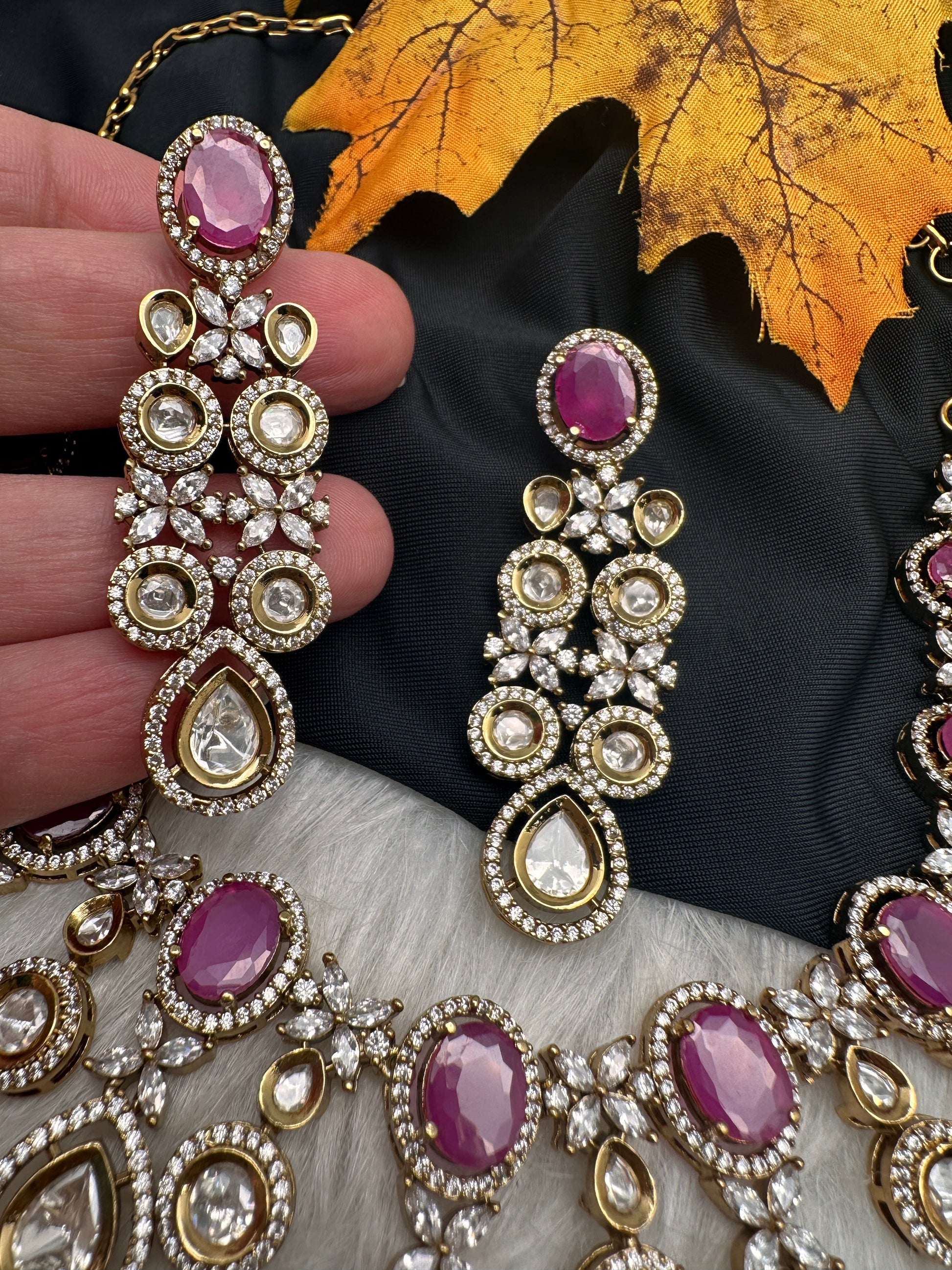 Moissanite Kundan Victorian Color Stone Necklace - Red