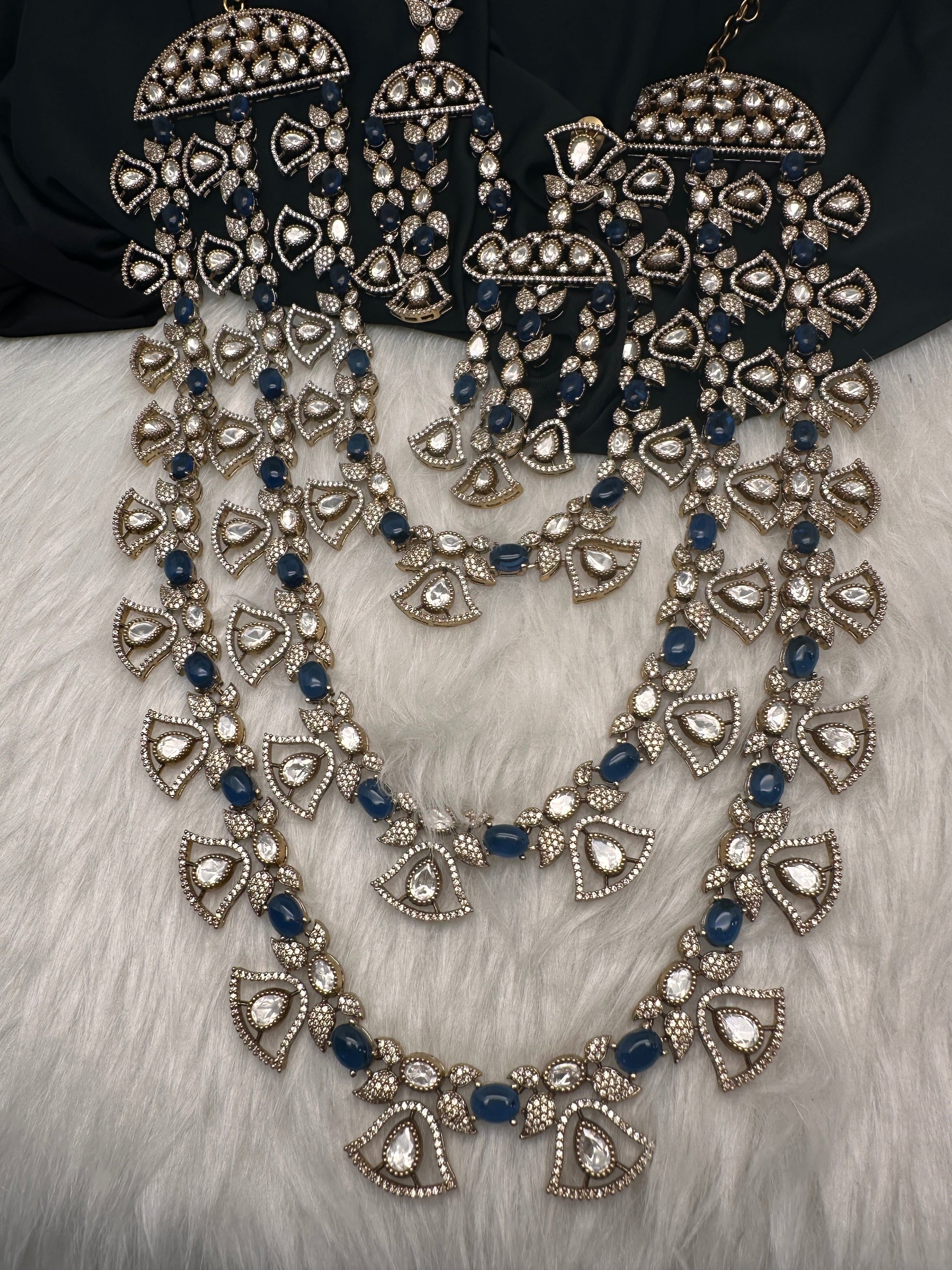 Moissanite Multi Layer Statement Victorian Color Stone Necklace - Blue