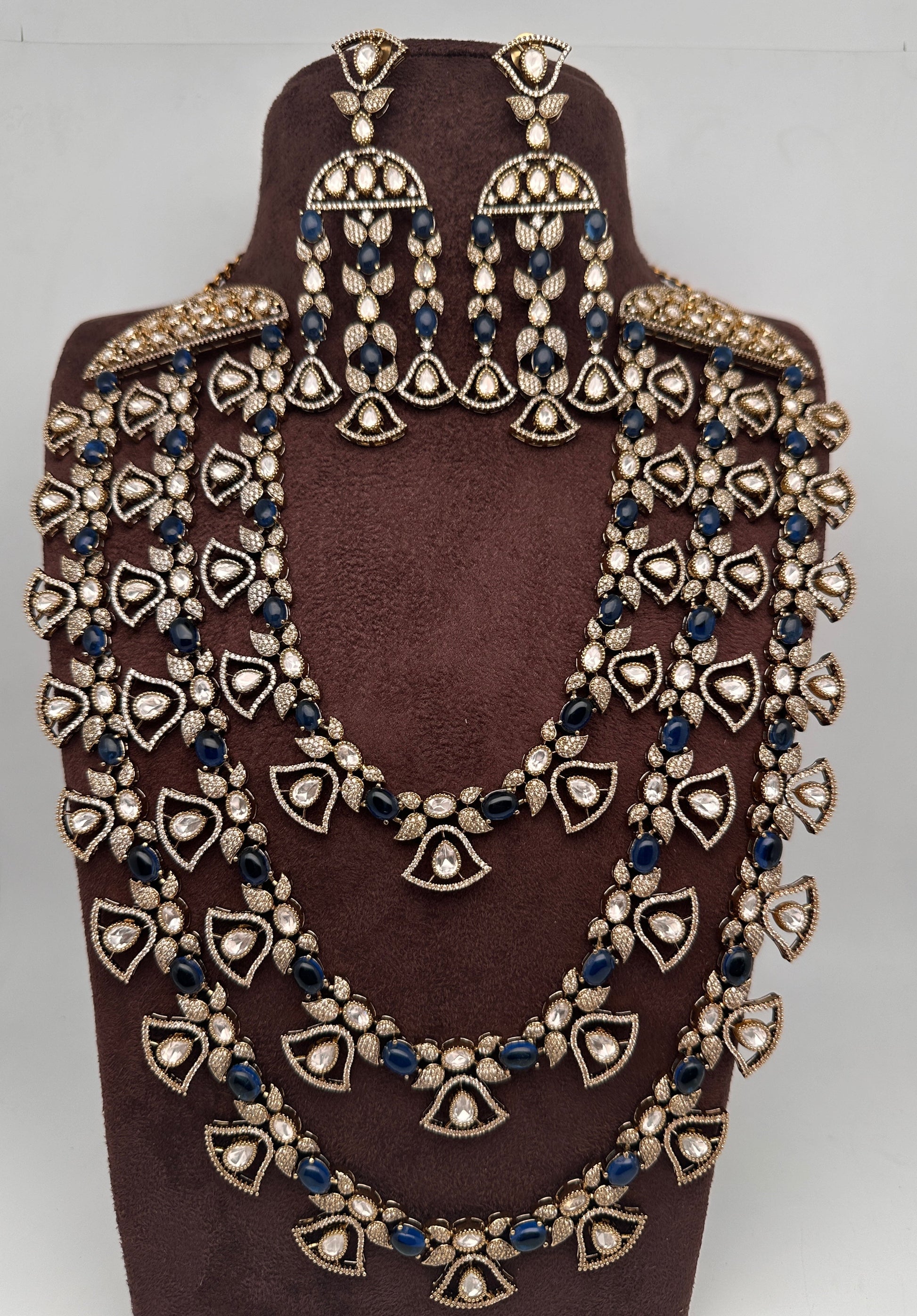 Moissanite Multi Layer Statement Victorian Color Stone Necklace - Blue