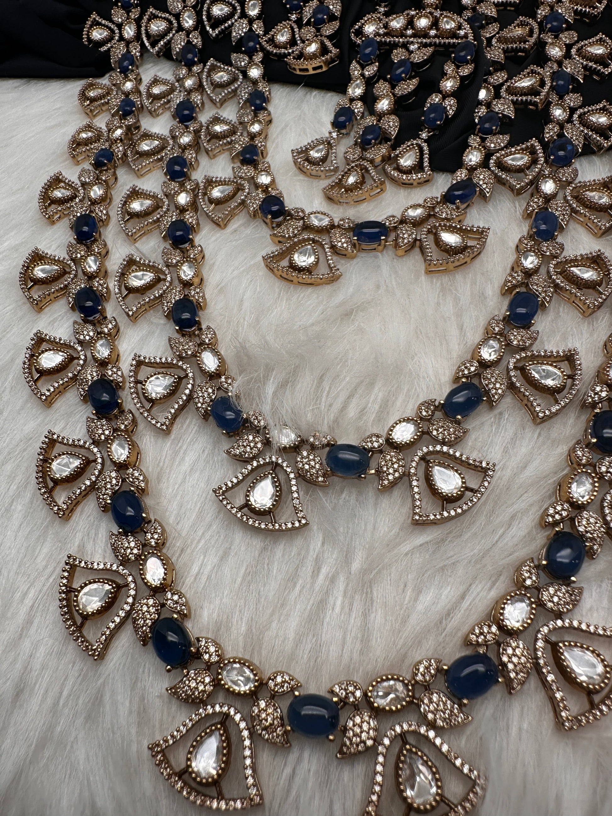 Moissanite Multi Layer Statement Victorian Color Stone Necklace - Blue